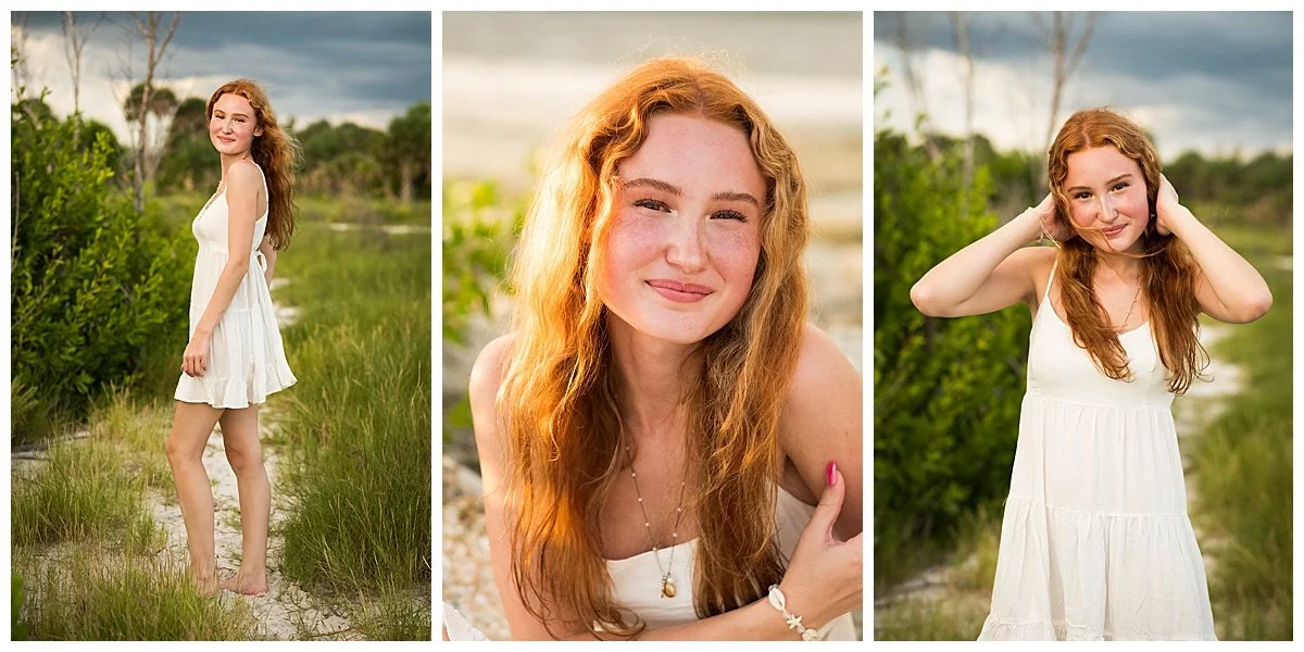 Three photos of a young red-haired woman in a white dress outdoors, with green grass and trees in the background, during sunset.