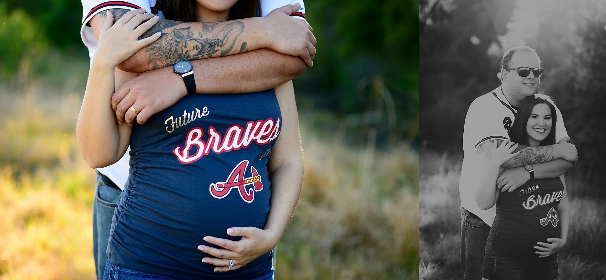 A pregnant woman and a man embracing outdoors, with the woman wearing a navy blue Alabama baseball shirt. The woman's hand is resting on her baby bump, and the man wearing sunglasses is standing behind her with his arms around her shoulders.