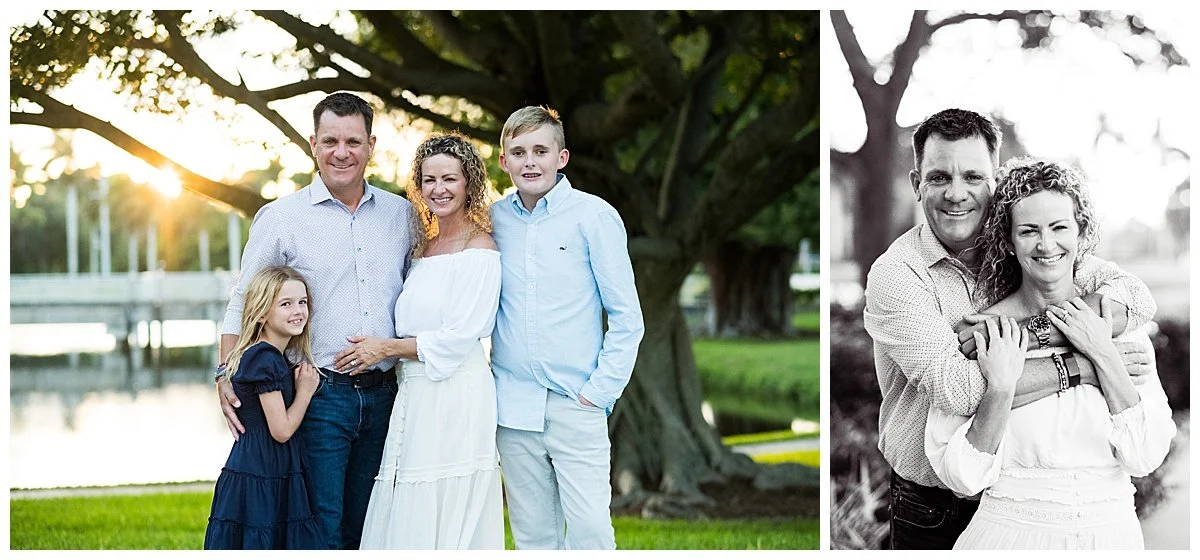 A family of five posing outdoors near a body of water, with green grass and trees, during sunset. The family includes a father, mother, two children, and a young girl. The right side features a black and white portrait of the father and mother embrac