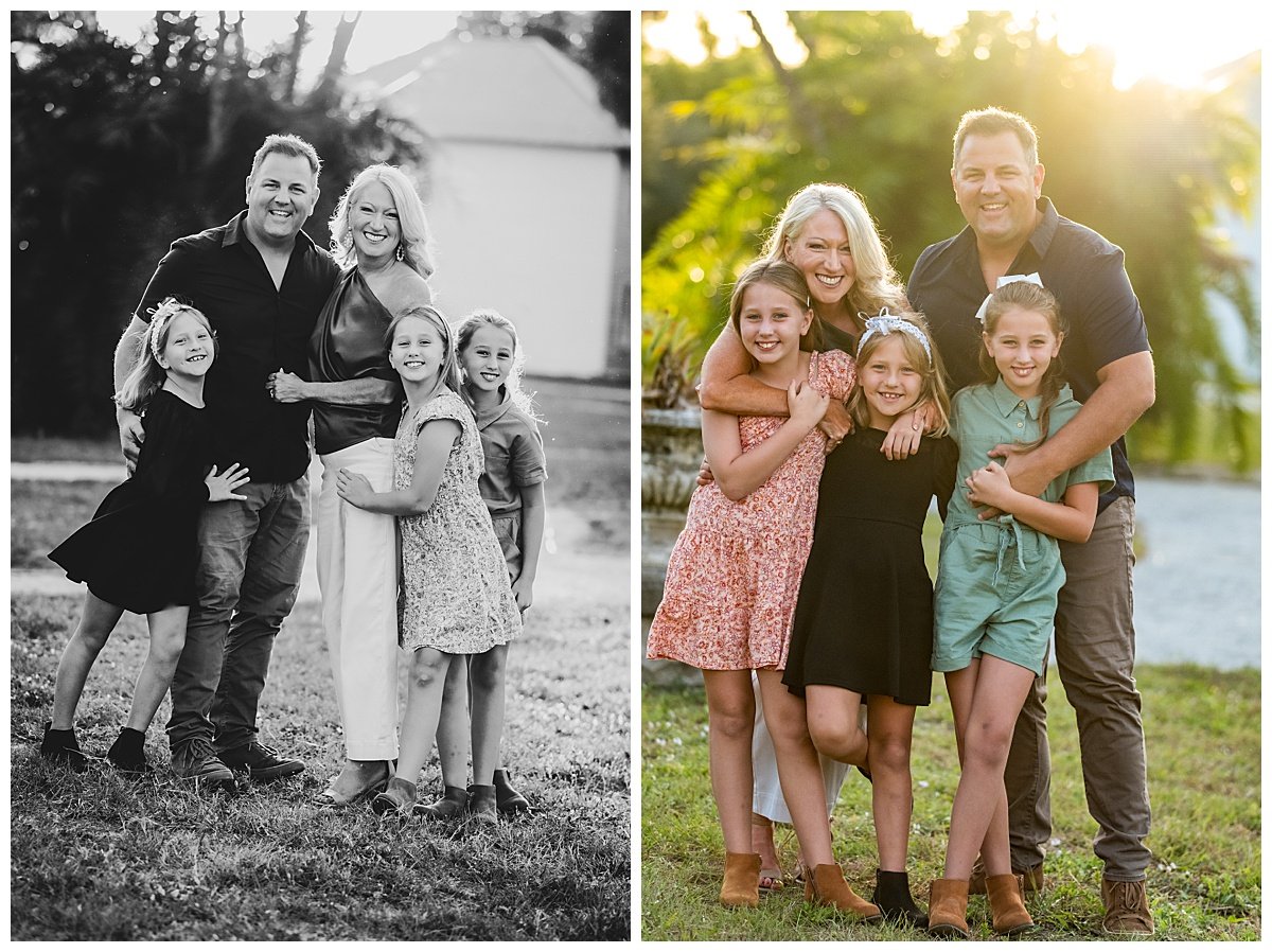 Side-by-side comparison of two family photos, one in black and white and one in color. The family includes a man, a woman, and three young girls. In the color photo, they are standing outdoors near a body of water with sunlight filtering through the 