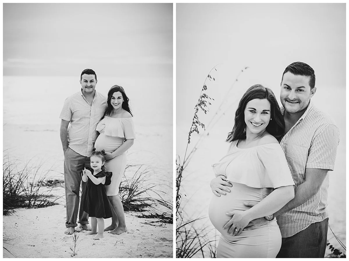 Black and white photos of a family, a man, a pregnant woman, and a young girl, standing on a beach with sand and grass. The couple is smiling, and the woman is showing her baby bump. The second photo zooms in on the woman and man, highlighting her pr