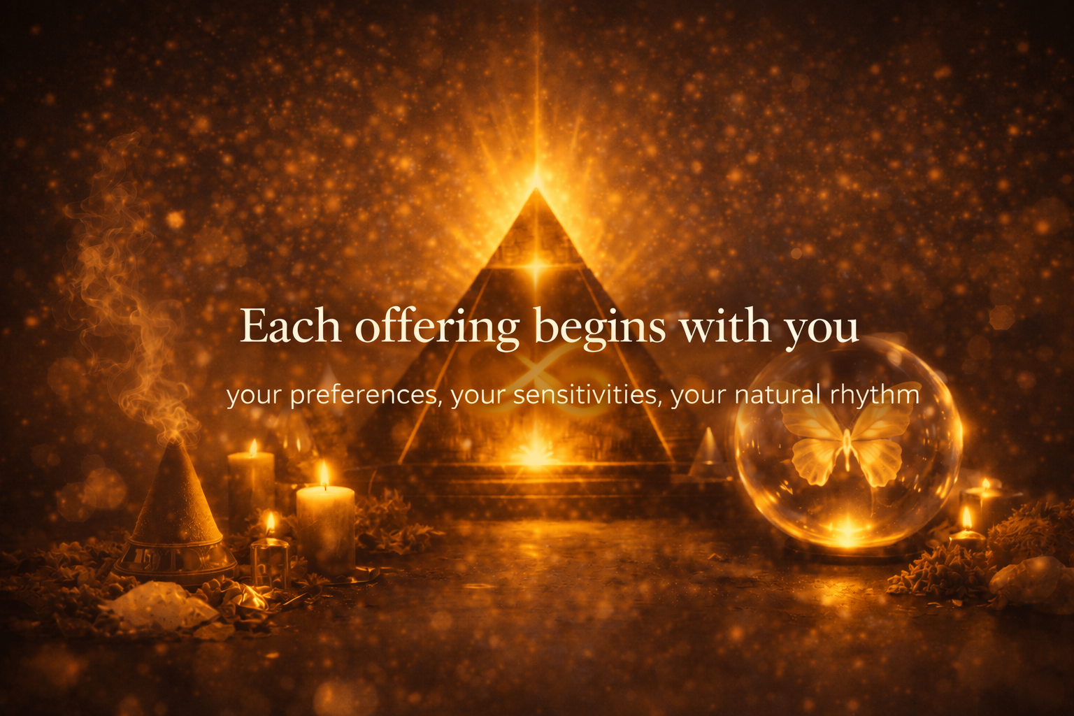 A glowing pyramid, candles, a butterfly inside a glass sphere, and floating particles with the text 'Each offering begins with you, your preferences, your sensitivities, your natural rhythm.'