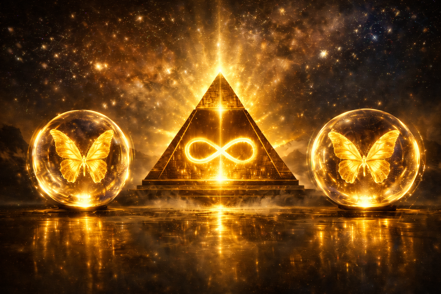 A glowing golden pyramid with an infinity symbol in the center, flanked by two golden butterflies inside glass spheres, set against a starry cosmic background with reflections on a water surface.