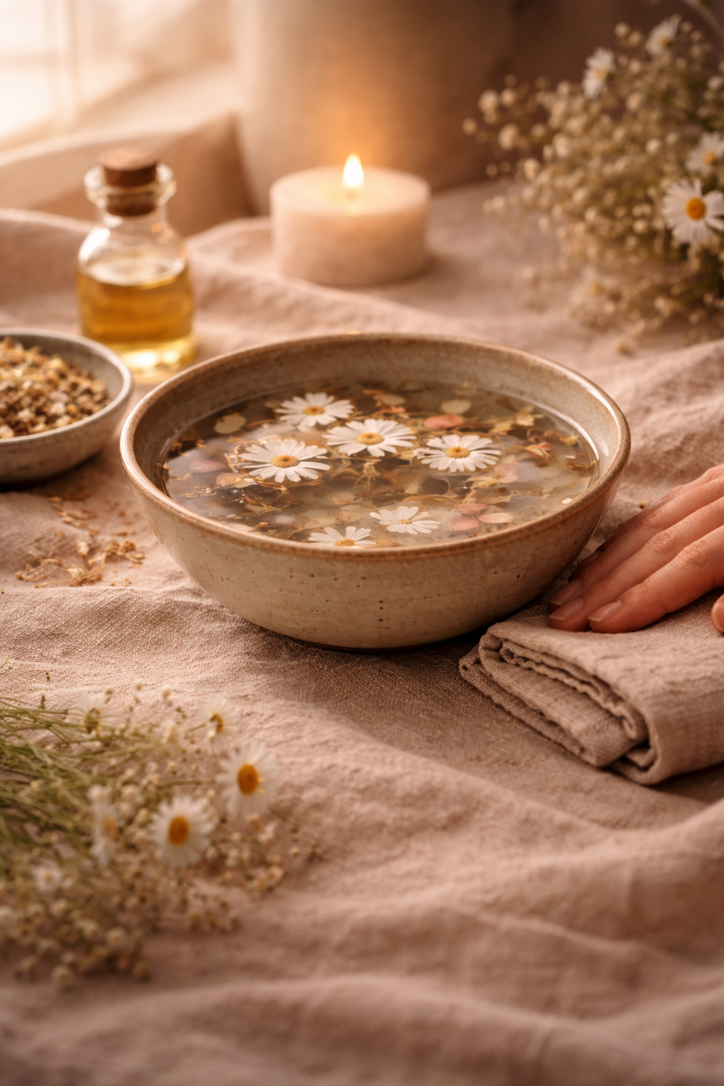 A bowl of chamomile tea with floating chamomile flowers, set on a soft beige cloth with a folded towel, a lit candle, a small bottle of essential oil, and a bowl of dried herbs or flowers, creating a calming spa-like atmosphere.