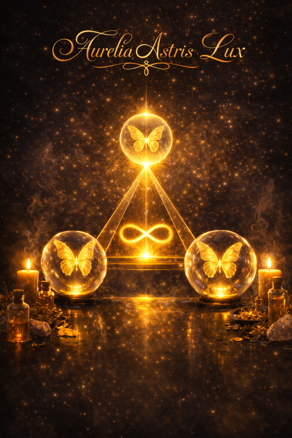 A glowing, mystical scene with three floating glass orbs each containing a butterfly, illuminated by golden light and candles, with a cosmic background of stars and sparkles, and the words 'Aurelia Astris Lux' at the top.