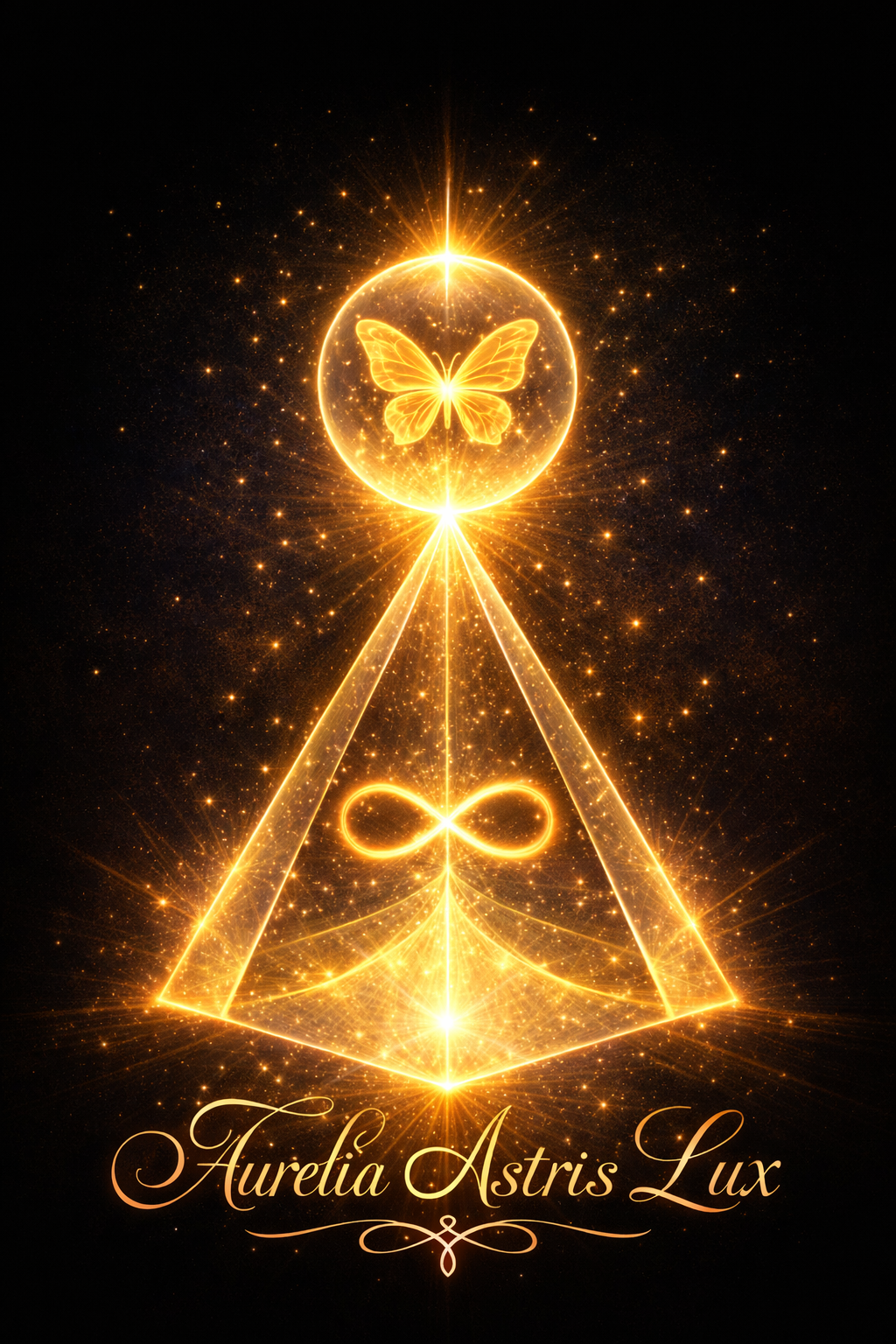 A glowing, golden illustration of a pyramid with a butterfly inside a sphere at the top, with an infinity symbol inside the pyramid, set against a starry background. The words 'Aurelia Astris Lux' are written in elegant cursive at the bottom.