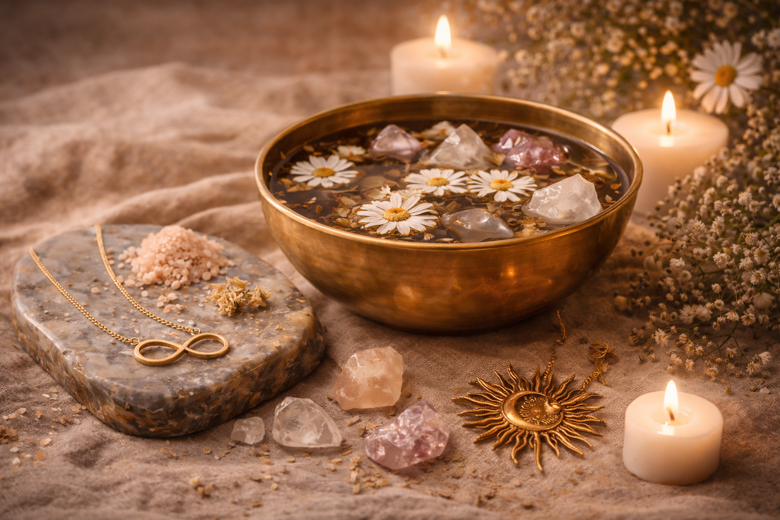 A brass bowl filled with water, daisies, and crystals, surrounded by lit candles, jewelry, and scattered crystals on fabric.