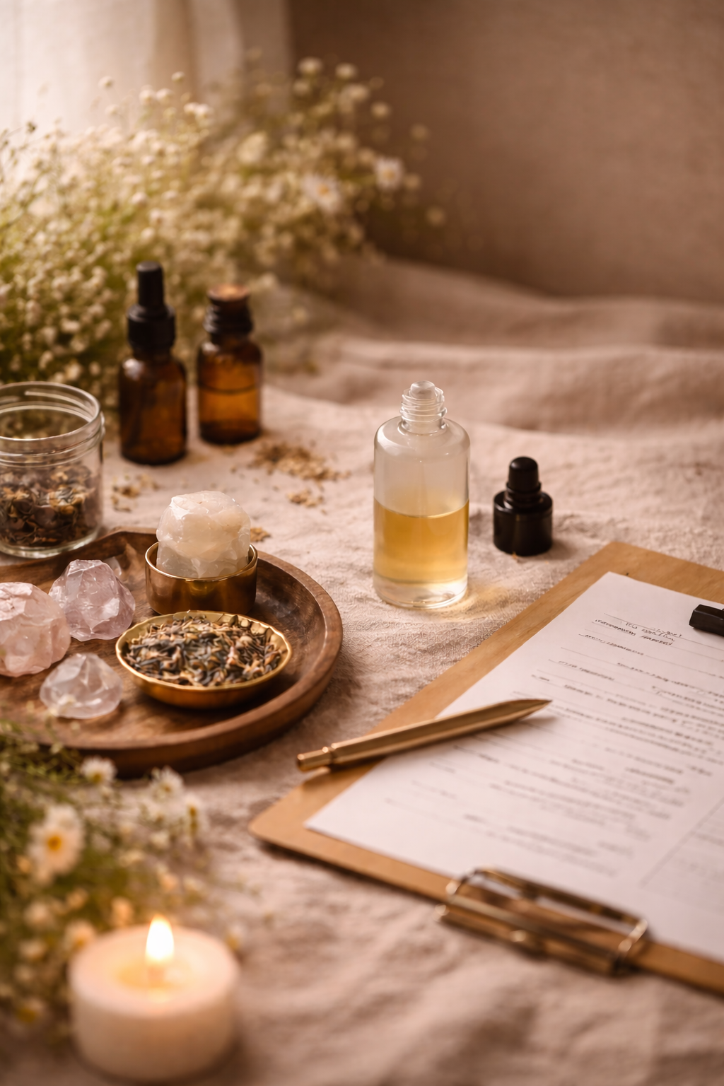 Aesthetic flat lay of wellness and aromatherapy items on a fabric surface, including essential oil bottles, crystals, dried flowers, a candle, a clipboard with paper, and a pen, with soft lighting and floral accents in the background.