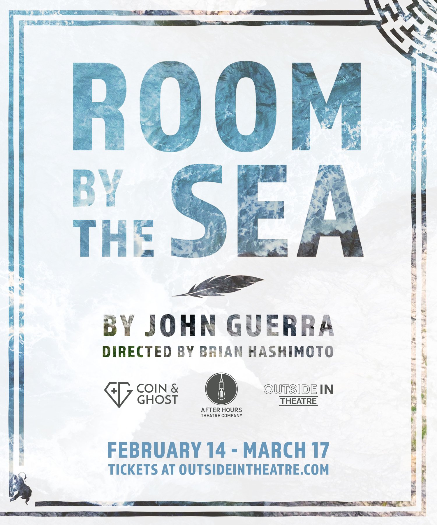 Ocean waves overlaid with graphic text. A labyrinthine border frames the text and a grey feather floats beneath the title.