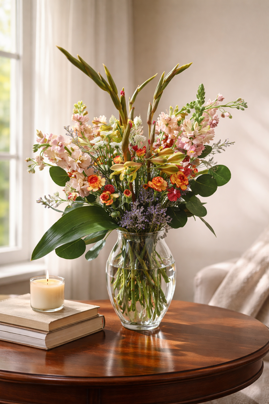 A floral arrangement with pink, orange, and purple flowers in a clear glass vase on a wooden table, alongside a lit candle and two stacked books, near a window with beige curtain.