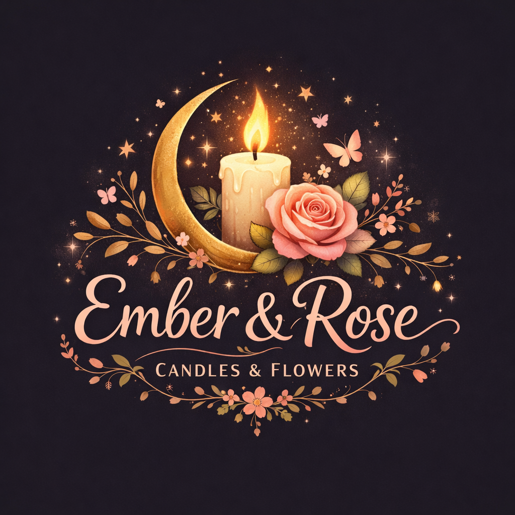 Logo for Ember & Rose Candles & Flowers featuring a lit candle, pink rose, gold crescent moon, stars, and butterflies on a dark background.