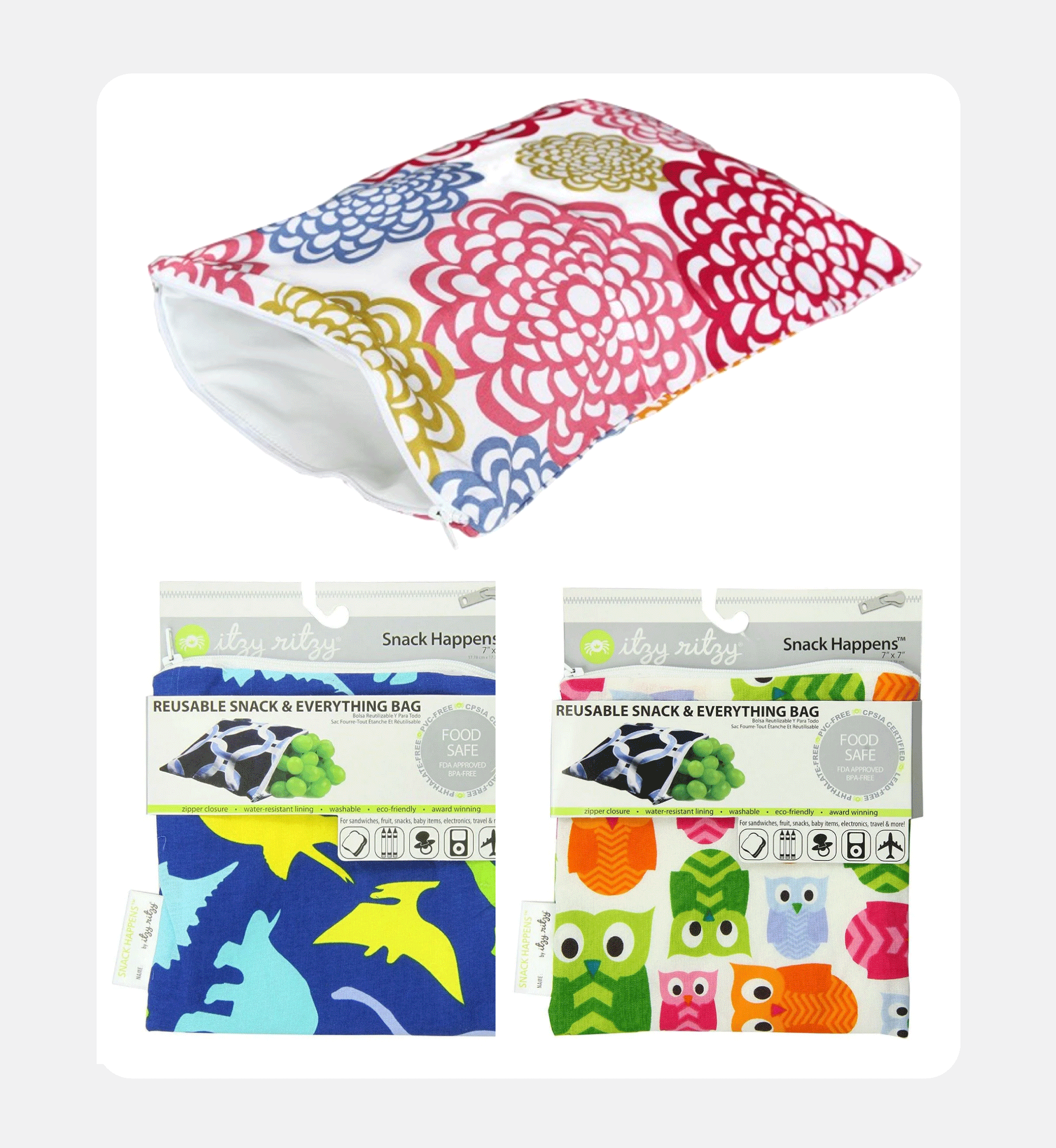 Colorful fabric snack bags and a floral patterned pillow.