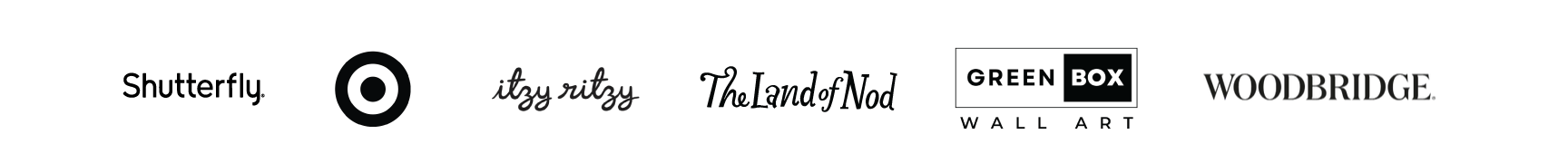 Collection of various logo designs for different brands and companies, including Shutterfly, Itzy Ritzy, The Land of Nod, Green Box Wall Art, and Woodbridge.