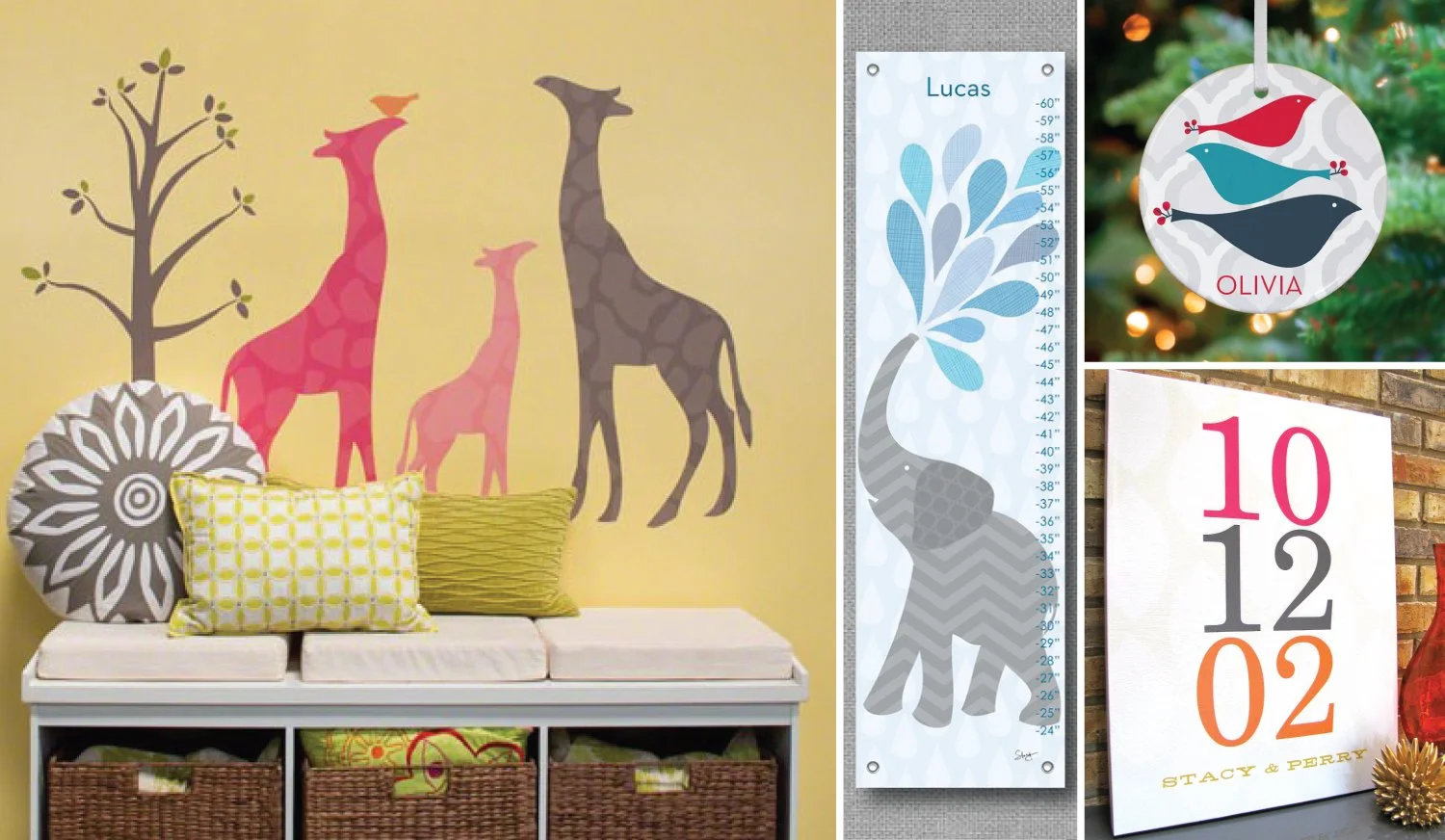 Decorative home interior with a yellow wall featuring giraffe mural, a white bench with green and patterned pillows, a giraffe height chart, a round bird ornament with birds and name 'Olivia', and a colorful wall clock with date '10 12 02' and names 