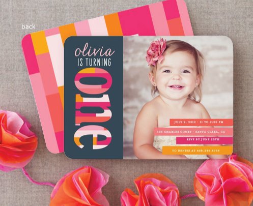 Colorful birthday invitation with a smiling girl wearing a flower headband. The invitation features the name 'Olivia' and details of the birthday party.