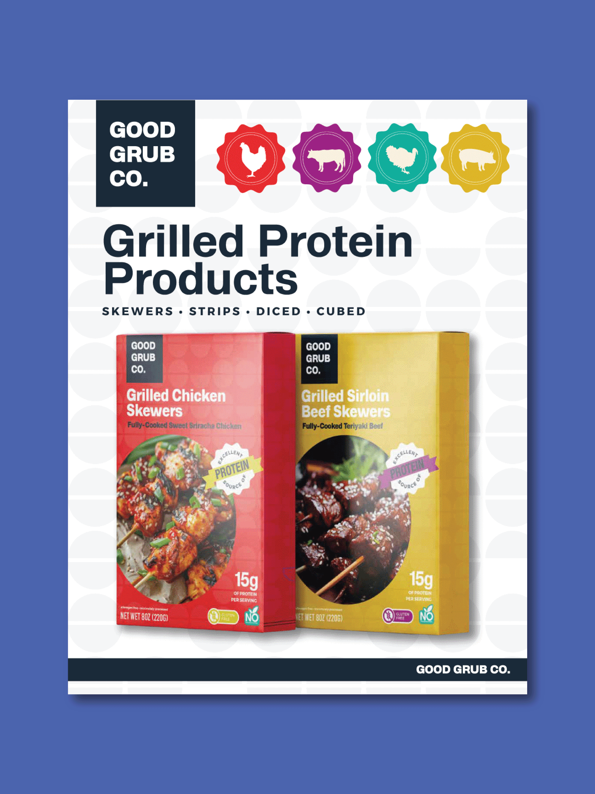 Package of Good Grub Co. grilled protein products, featuring grilled chicken skewers and grilled sirloin beef skewers.