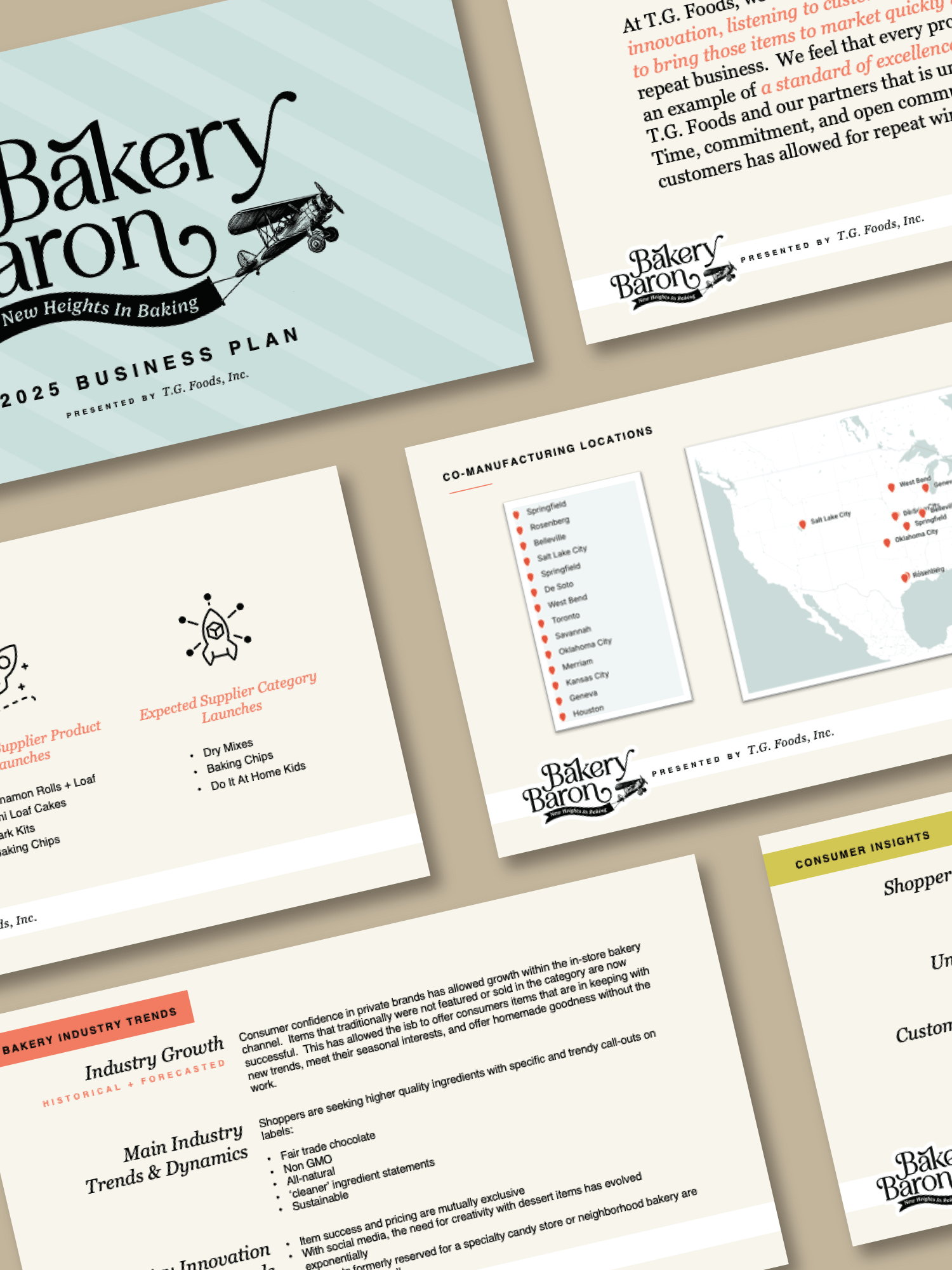 Multiple business presentation slides for Bakery Baron, including a business plan cover, manufacturing locations map, industry trends, and supplier launches, with bakery-themed graphics and text.