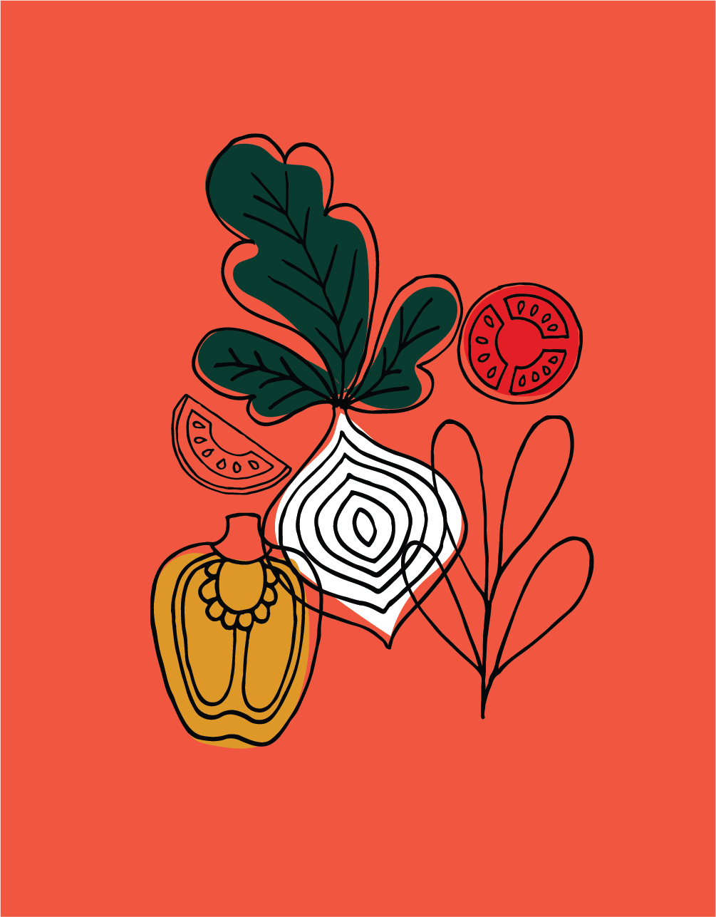 Abstract line drawing of a plant with large green leaves, a white vase, a yellow seed pod, and red tomato slices on a coral background.