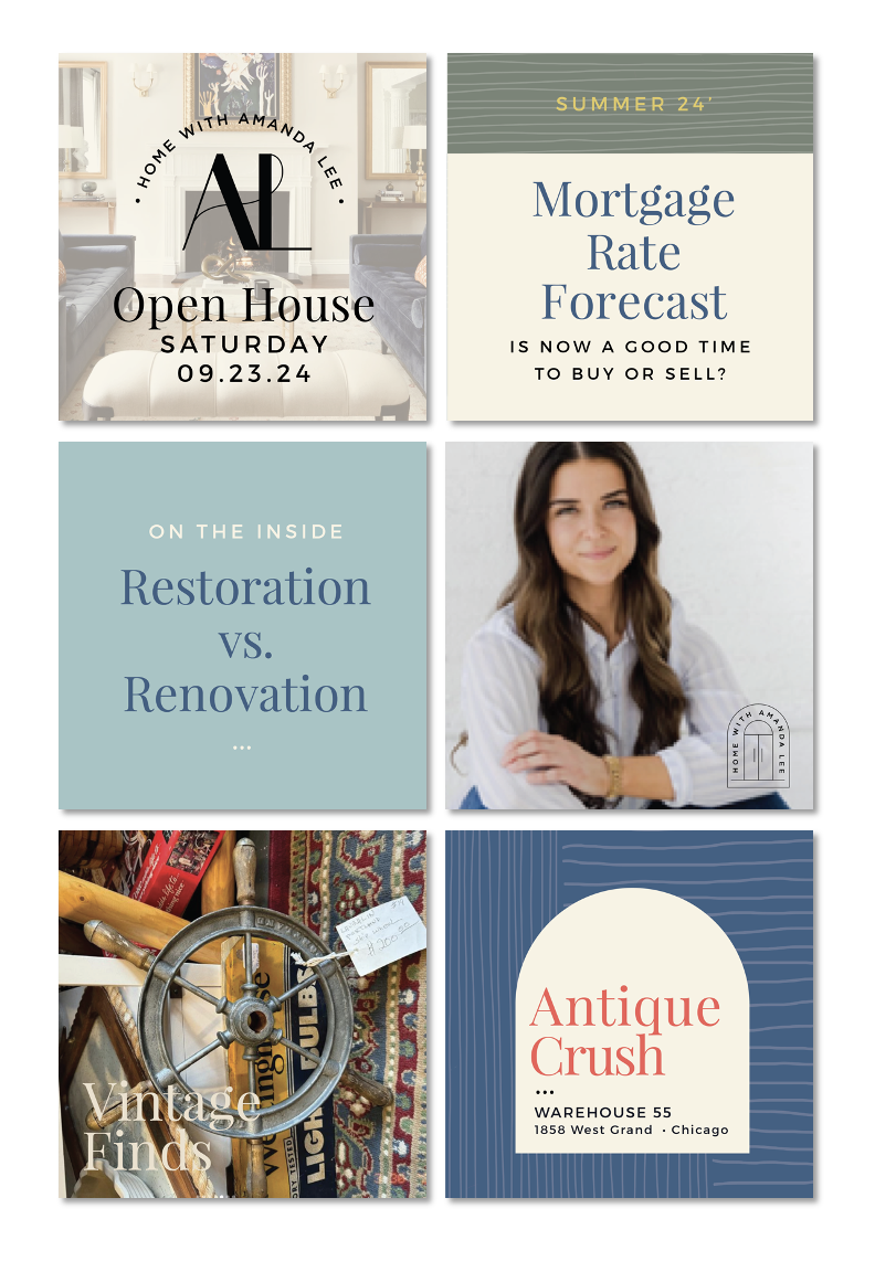 A collage of six sections promoting a home-related event and topics. Top left shows a living room with an open house announcement for September 23, 2024. Top right features a mortgage rate forecast with a green and beige background. Middle left has text about restoration versus renovation. Middle right displays a woman with long brown hair, arms crossed, with a logo for home with Amanda Lele. Bottom left shows vintage items including a wheel and tools with the text vintage finds. Bottom right features a sign for antique crush at Warehouse 55 in Chicago.