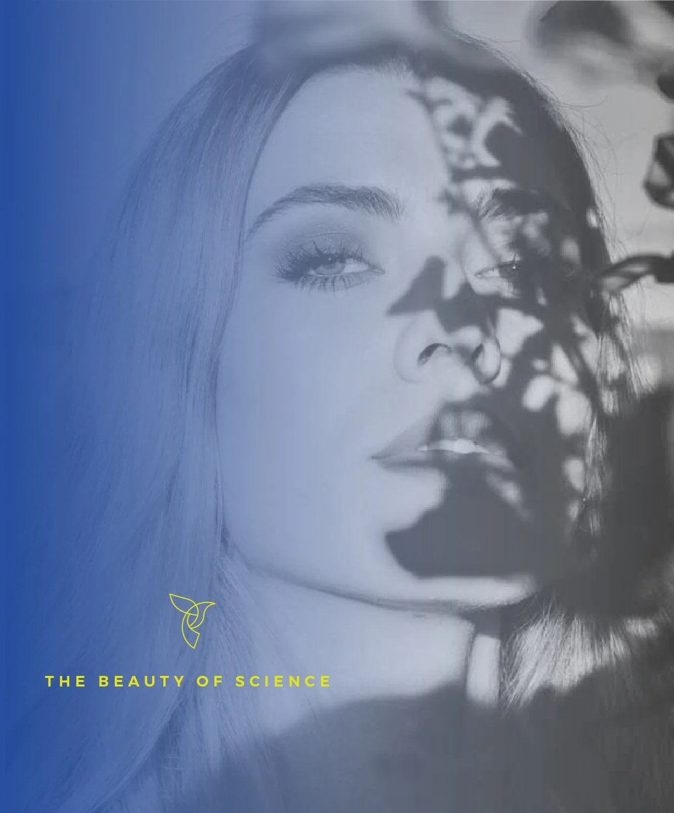 Close-up of a woman's face with shadow of leaves cast across it, and text 'The Beauty of Science' at the bottom.