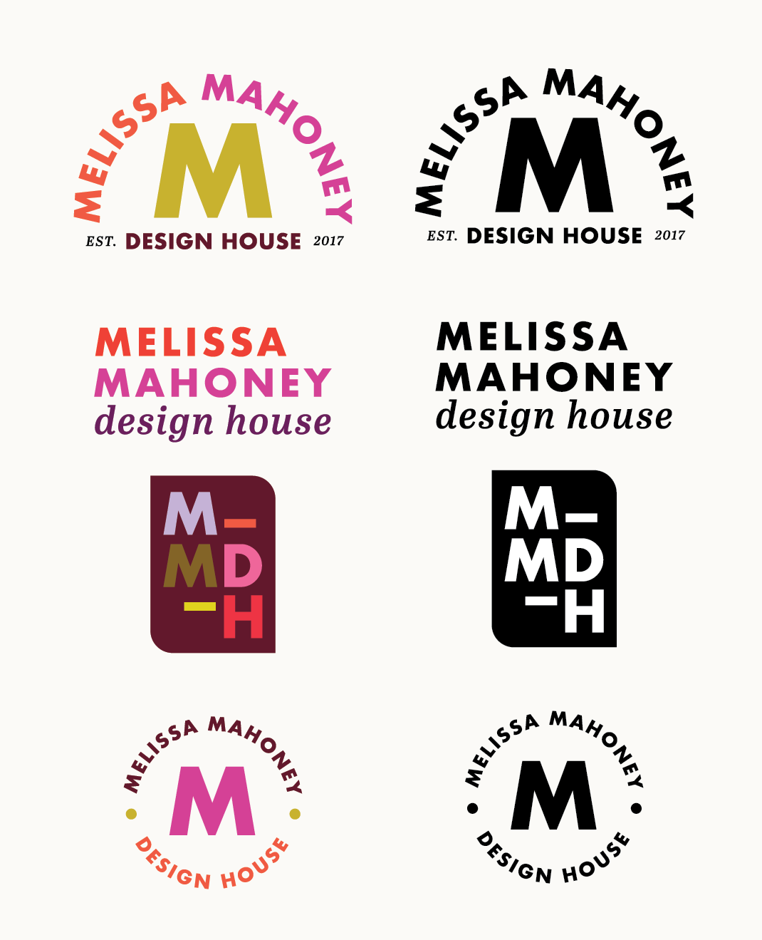 A collection of eight logo designs for Melissa Mahoney Design House, featuring various arrangements of her name, a large 'M' symbol, and the establishment year 2017.