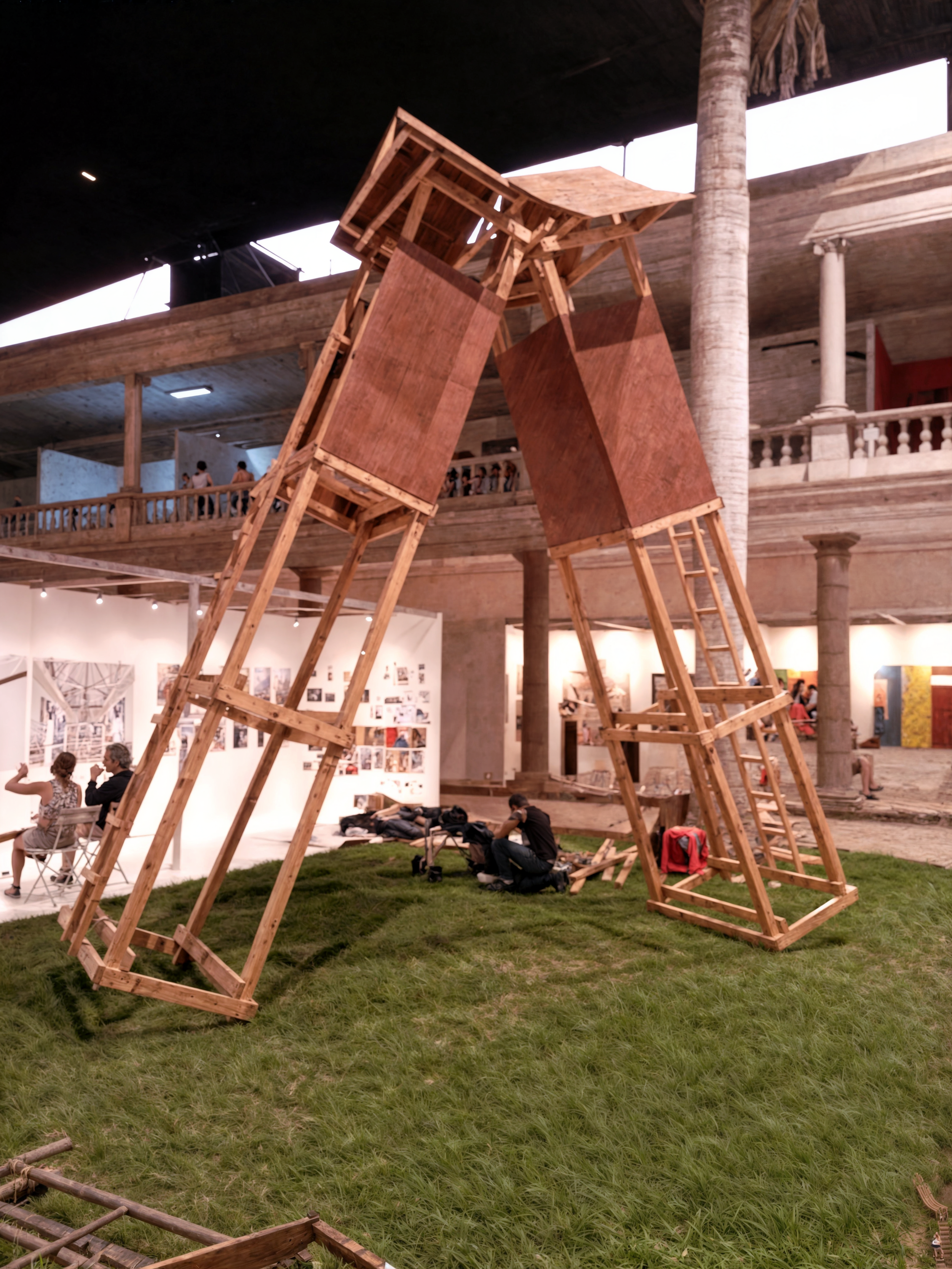 Frontera. Dos torres de observación en madera colapsando hacia un punto de equilibrio. Santiago Roose, Art Lima, 2014