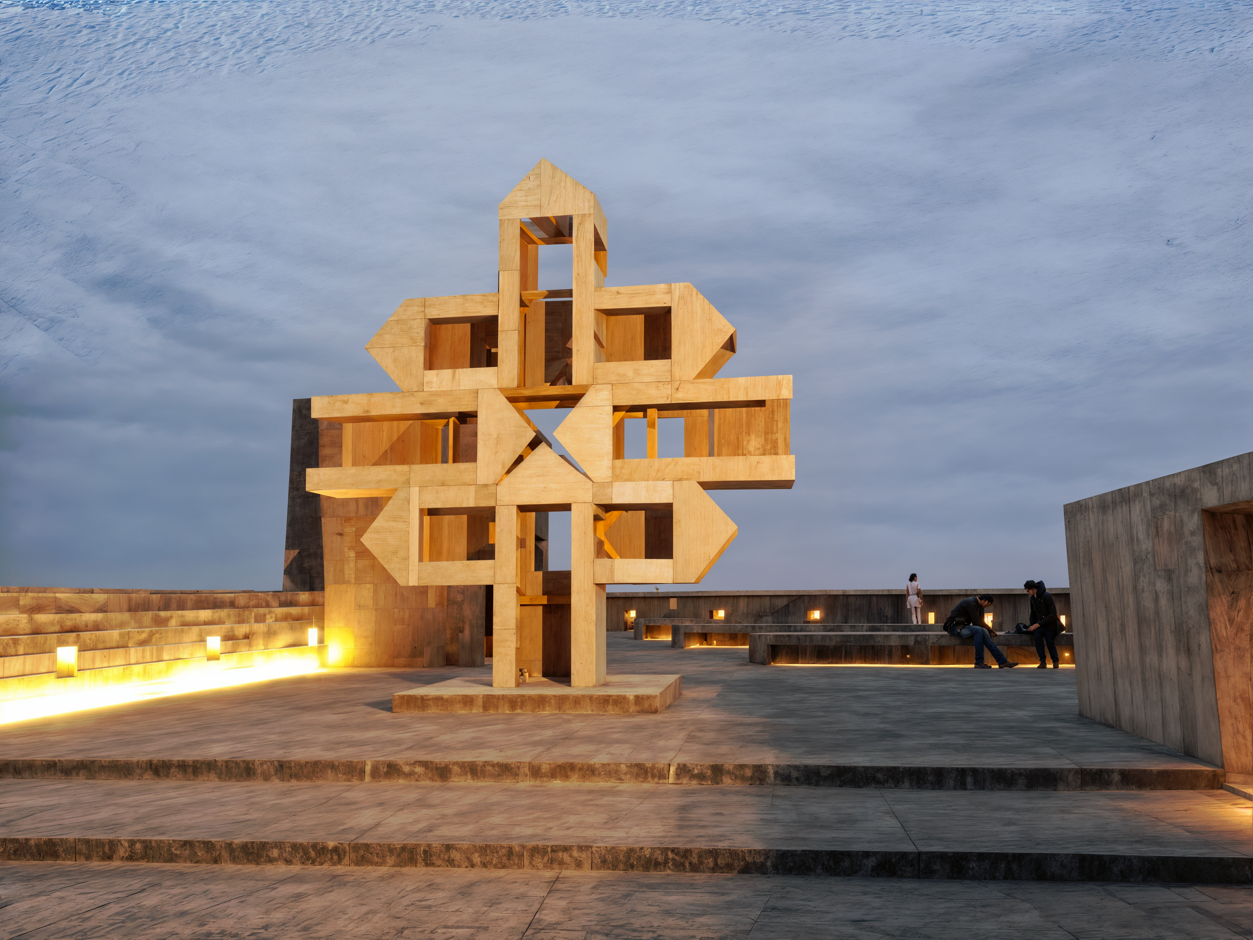 Estructura Excéntrica. Chakana monumental de casetas de guardianía y casas de perro en el techo del Lugar de la Memoria, Lima, 2014. Santiago Roose