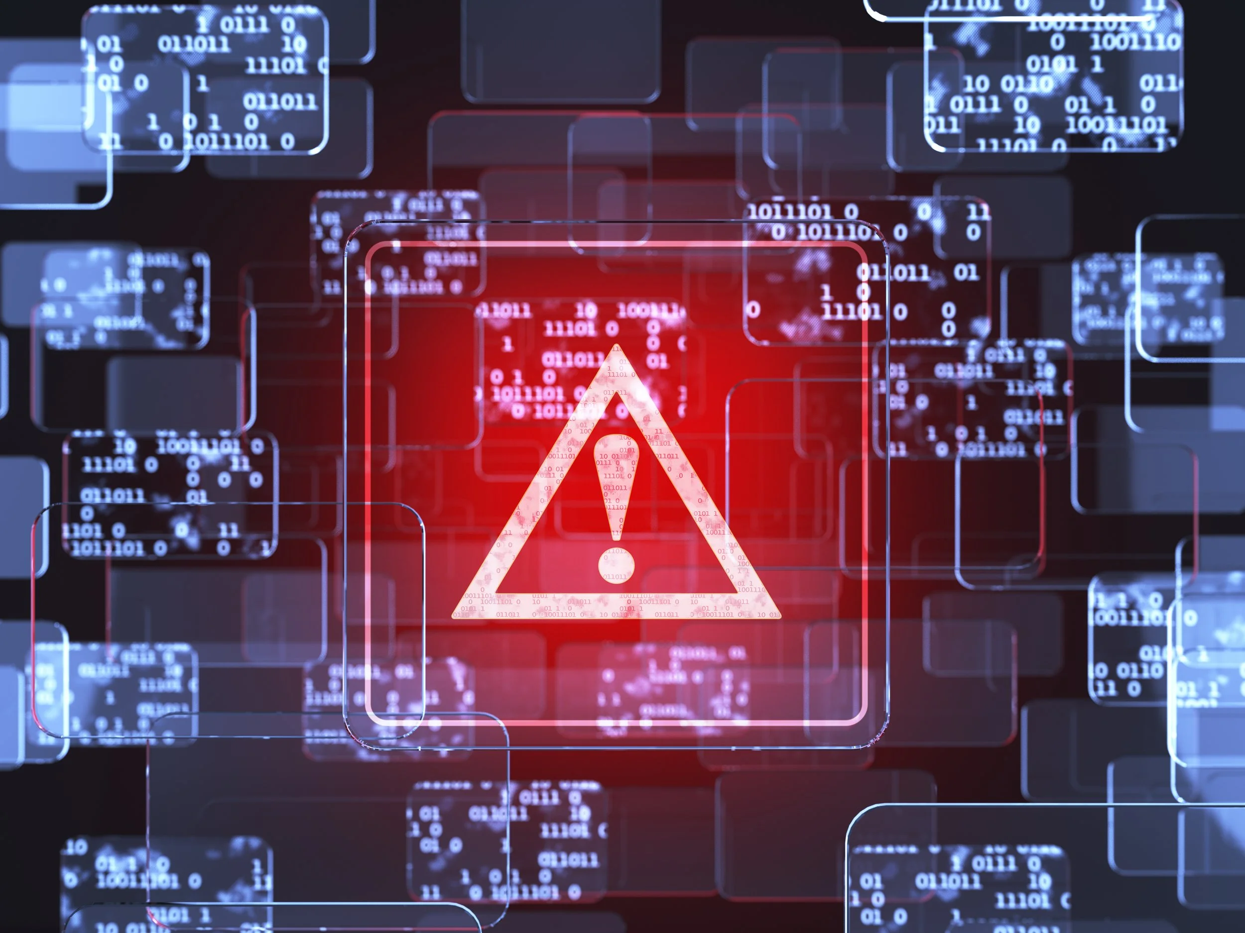 Digital warning icon with a red background and a white exclamation mark, surrounded by binary code and digital blocks.
