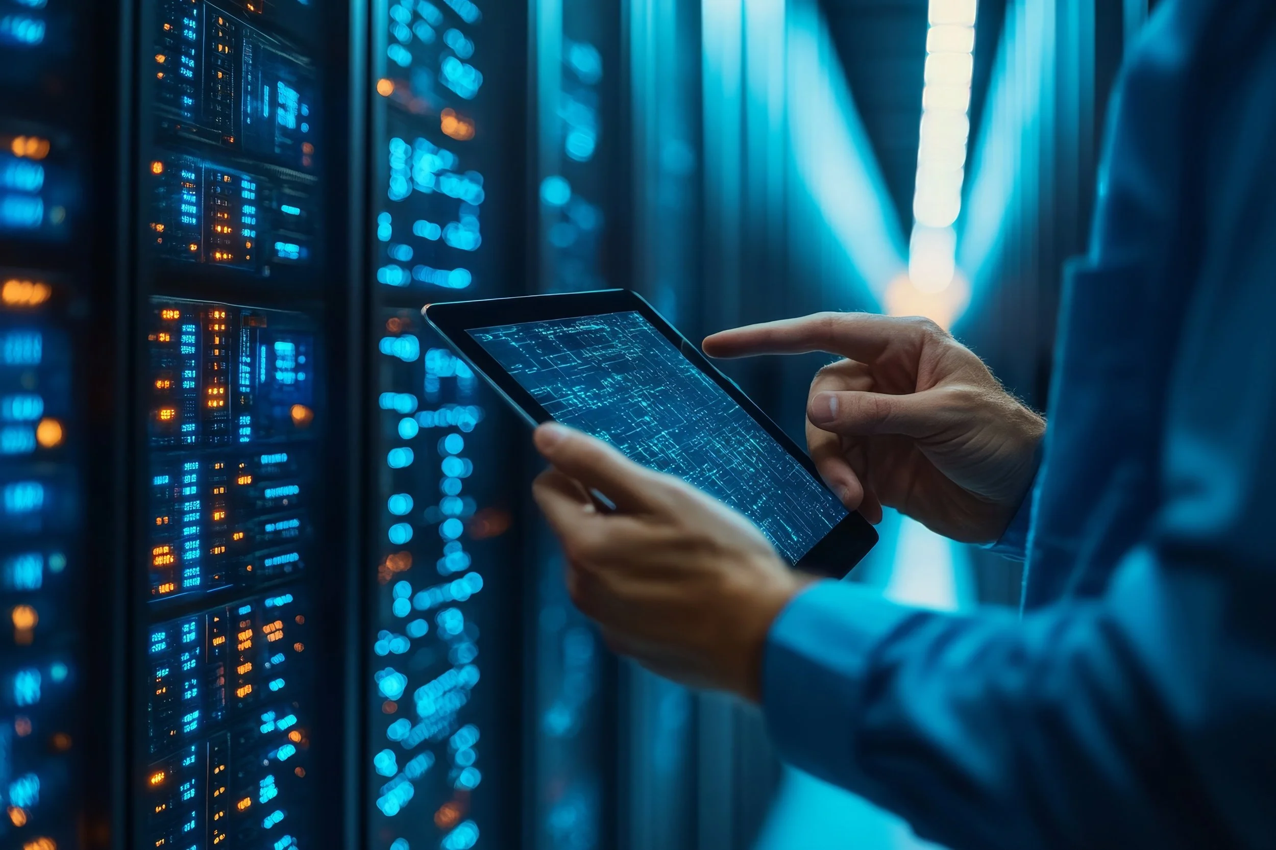 Person using a tablet in a data center with server racks illuminated by blue and orange lights.