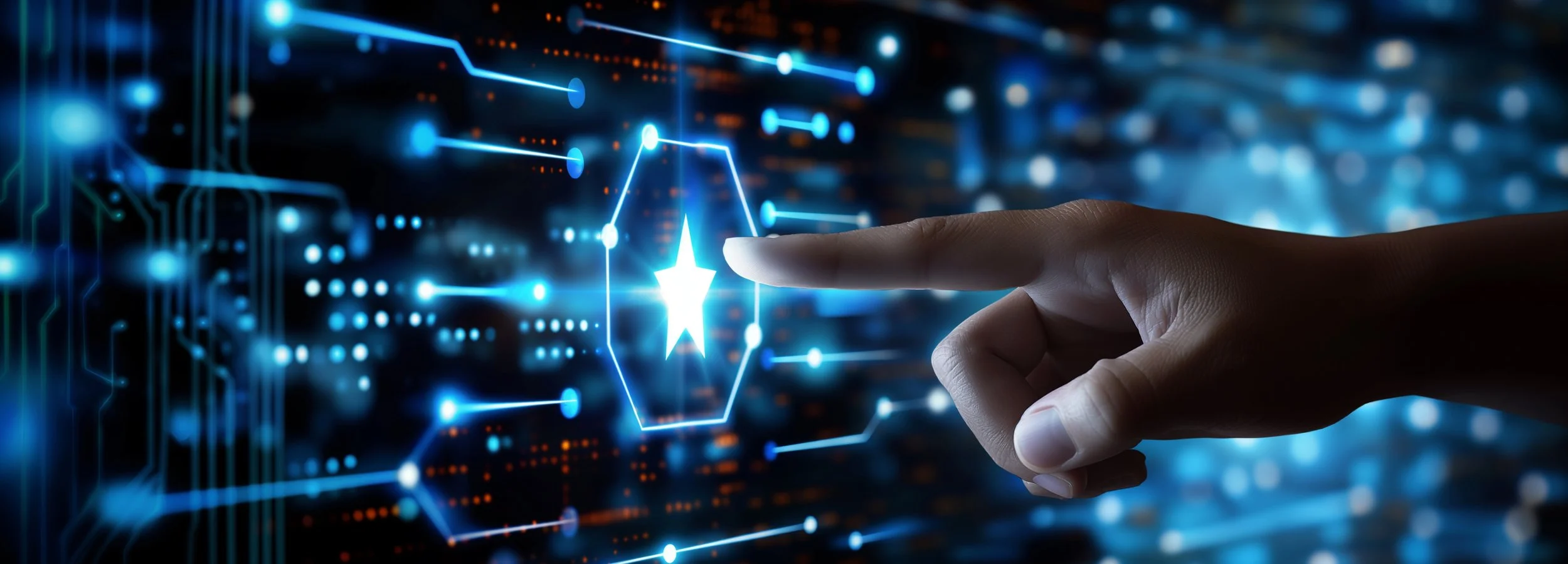 A person's hand reaching out to touch a glowing blue star icon in a digital interface, with surrounding interconnected lines and digital data points, representing technology or digital networking.