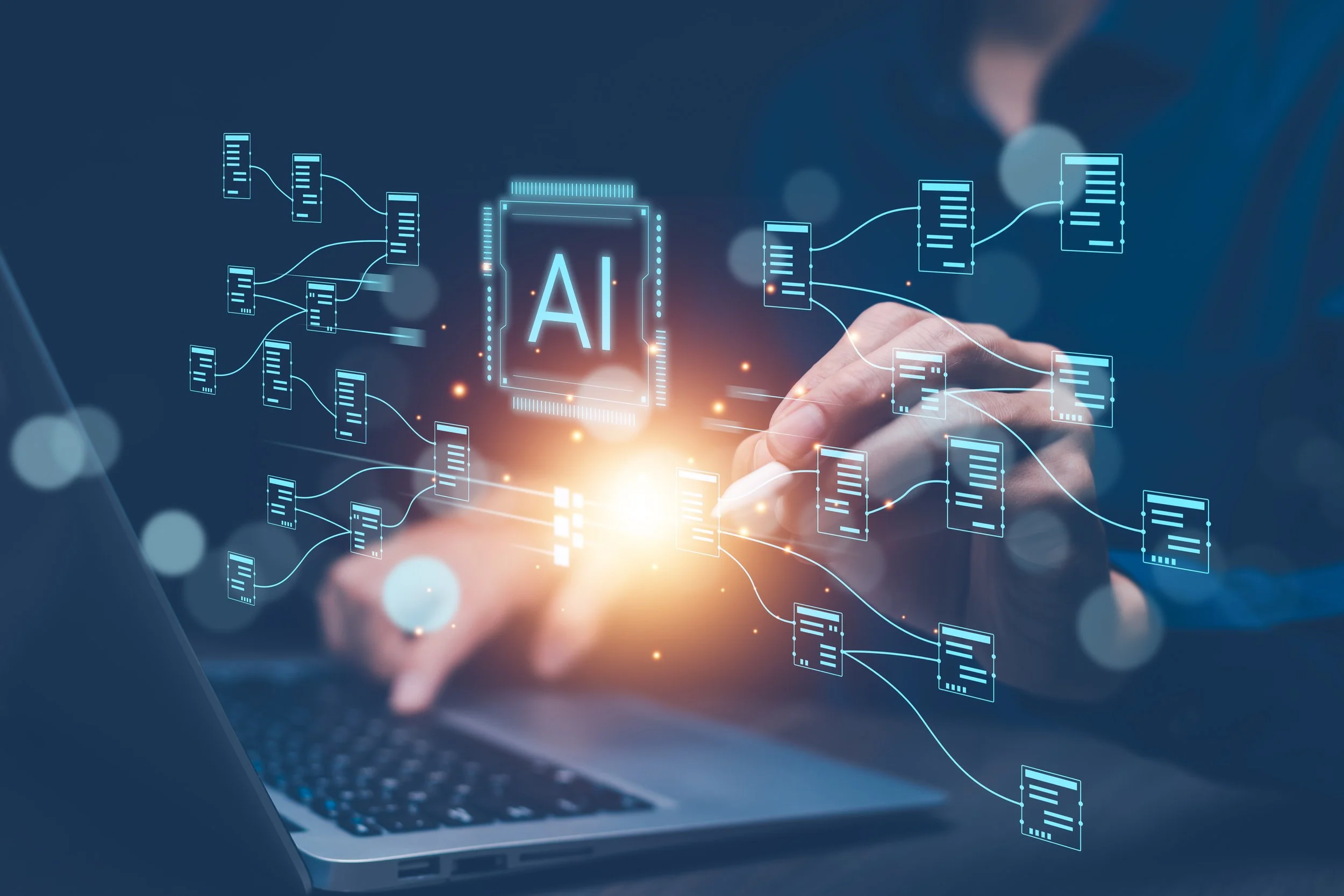 A person interacts with a digital interface displaying interconnected data blocks and a central 'AI' chip, symbolizing artificial intelligence technology.