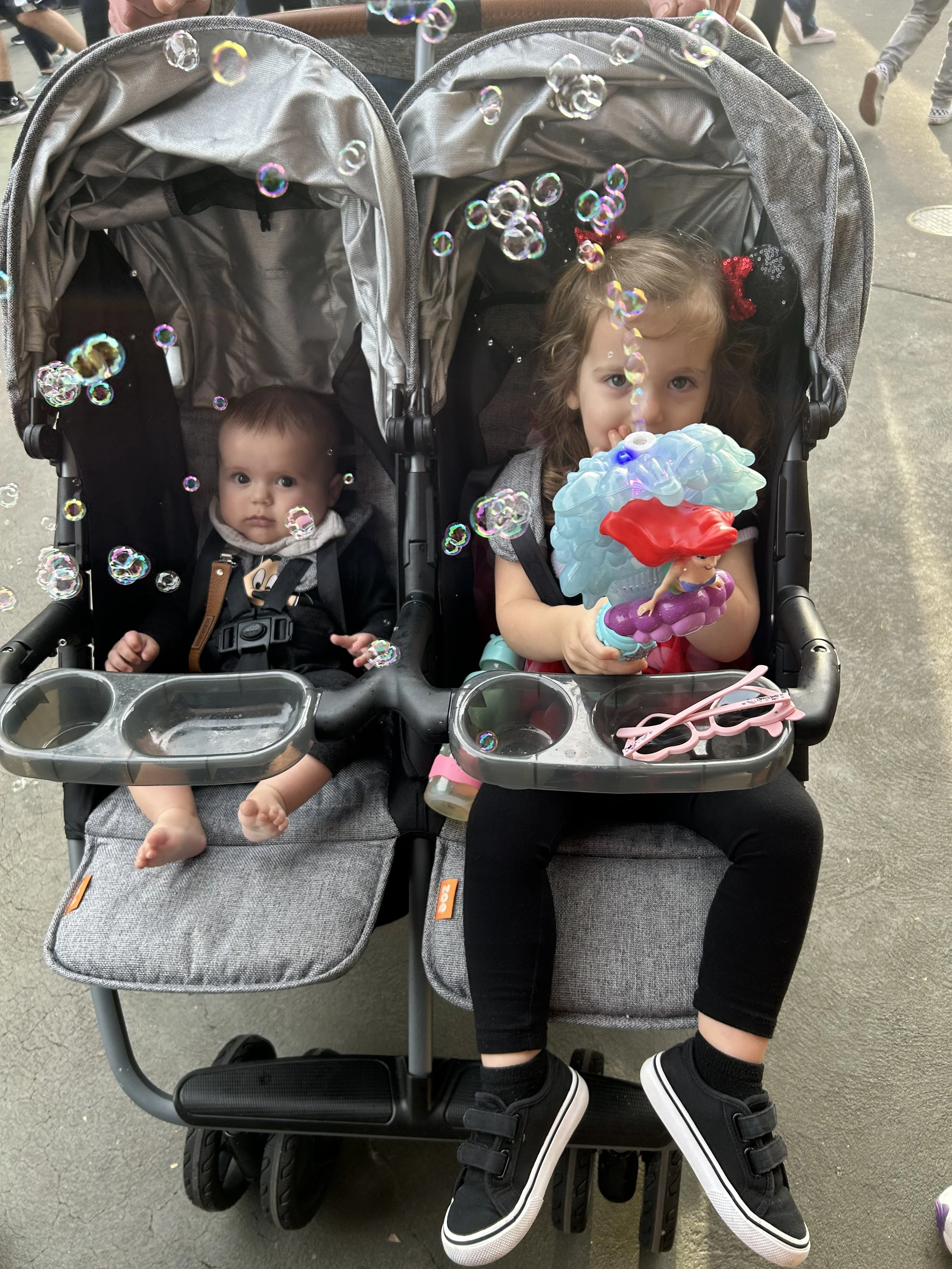 toddlers at disney in a zoe twin double stroller