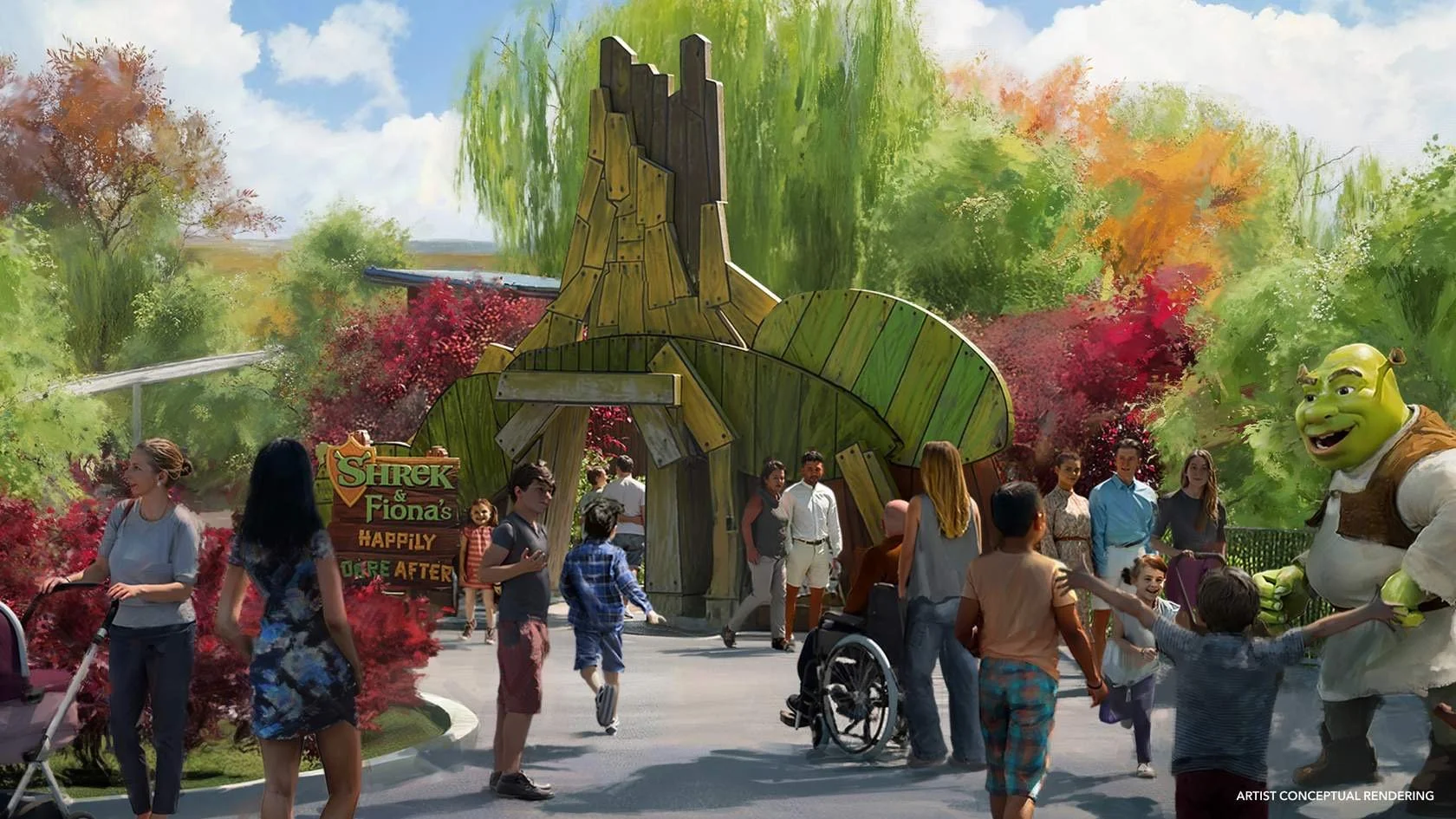 Families exploring a colorful themed land at Universal Kids Resort in Frisco, Texas