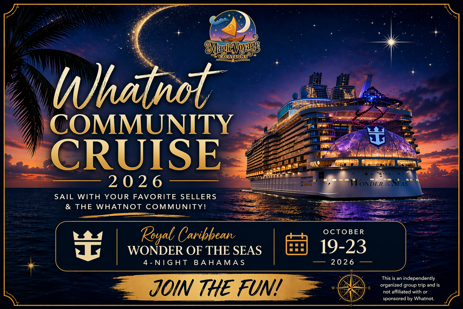 Promotional flyer for a 2026 community cruise on the Royal Caribbean ship Wonder of the Seas, sailing October 19-23, 2026, in the Bahamas with a sunset background, cruise ship, and tropical palm tree silhouette.