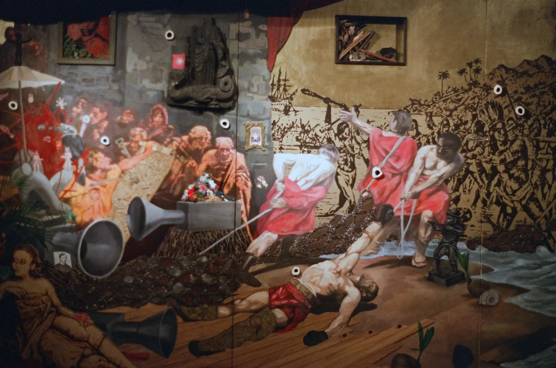 A mural depicting a chaotic scene with soldiers attacking and crowding around, with some people tied up and others holding weapons, in a historical or revolutionary setting.