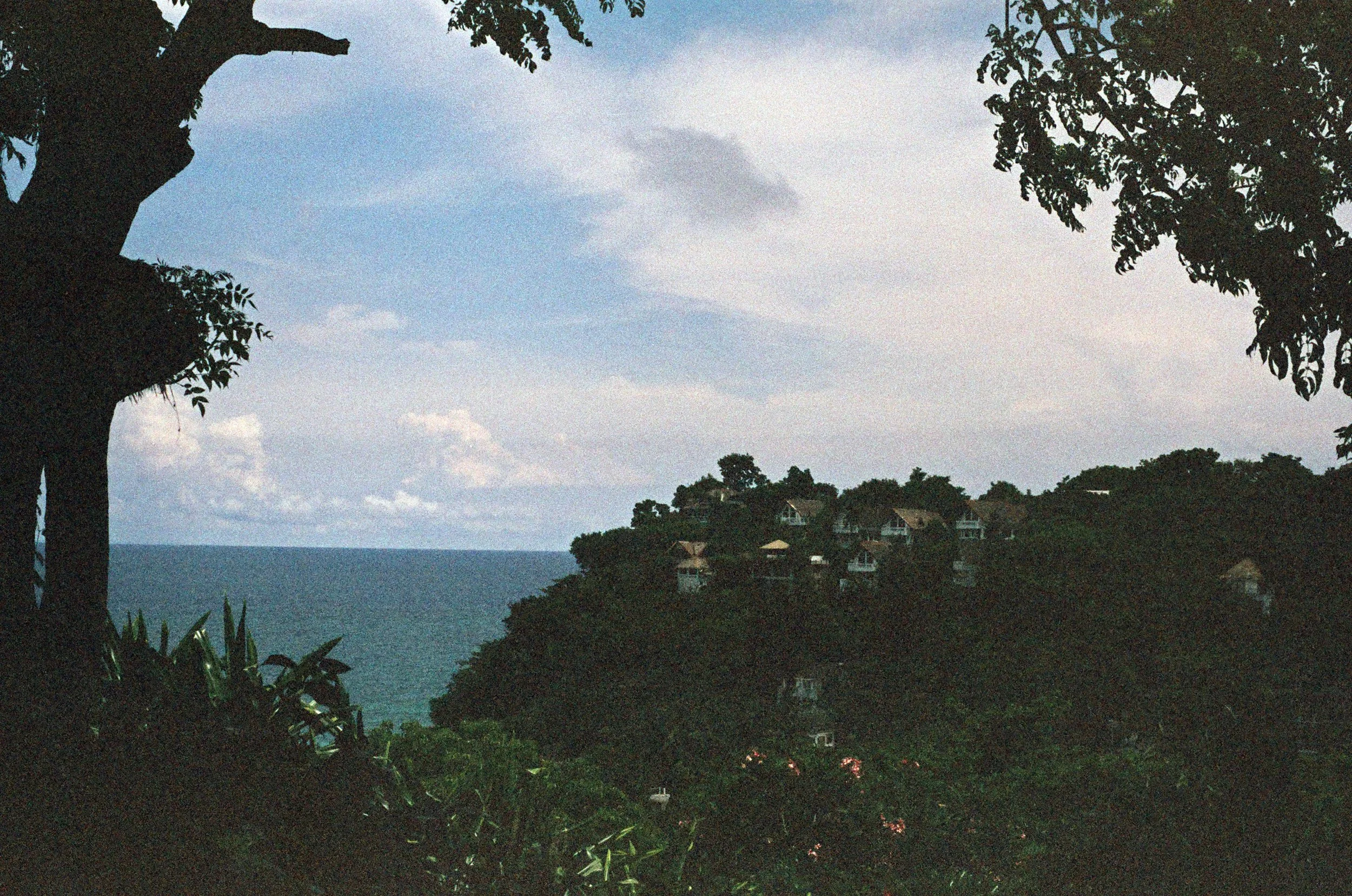 A scenic view of a coastal hillside with houses, trees, and the ocean in the background under a partly cloudy sky.
