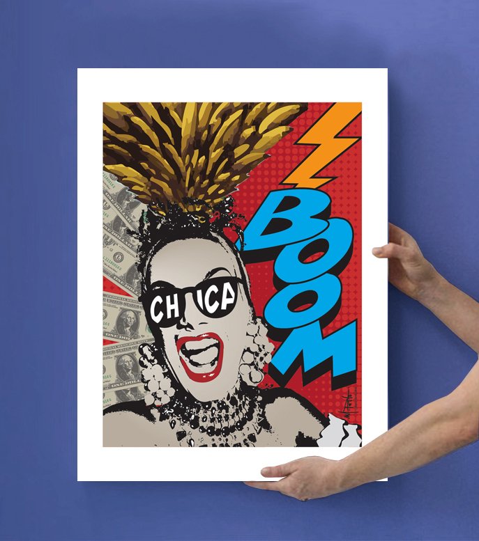Pop art style illustration of Carmen Miranda through the art and design of Mauricio Porto - Brazilian artist and Art Director, based in New York.