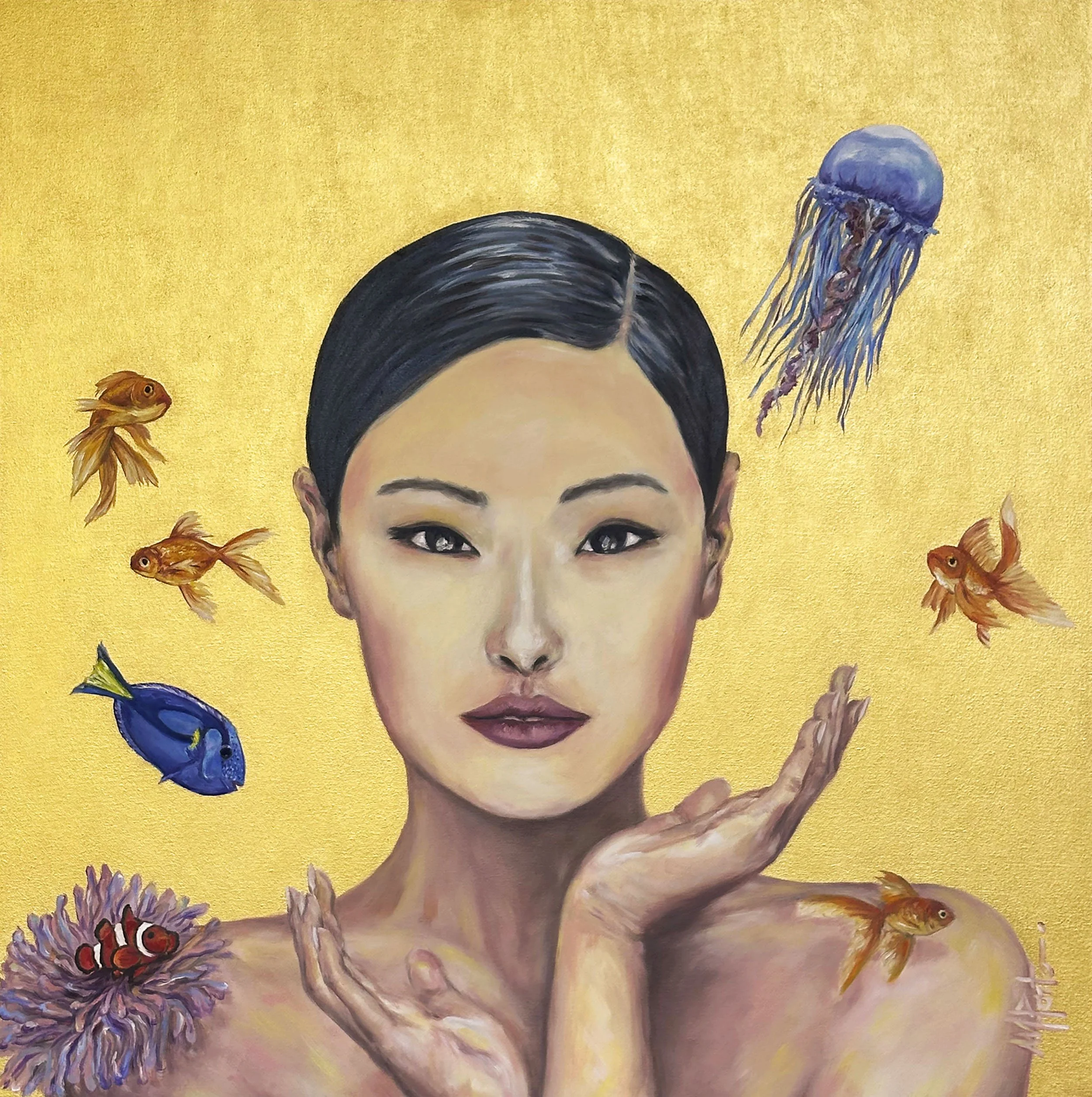 Contemporary jellyfish painting with blue tones over a textured golden background by Mauricio Porto.