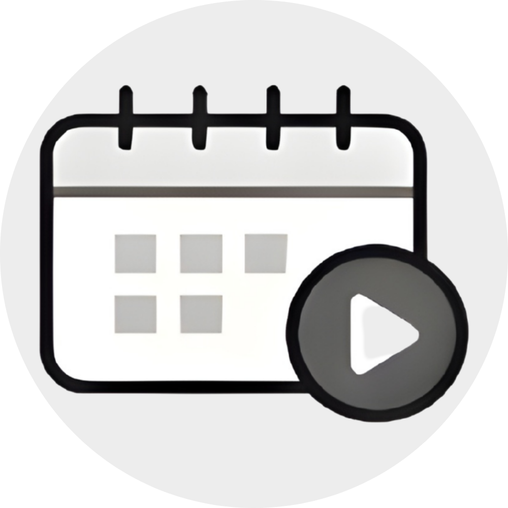 Calendar icon with a play button overlay, indicating scheduled video or media playback.