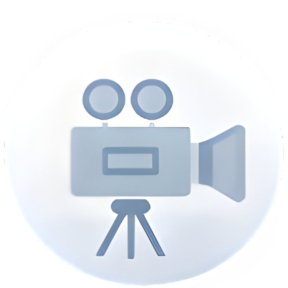 Icon of a vintage film camera on a tripod with two reels on top, set against a plain white circular background.