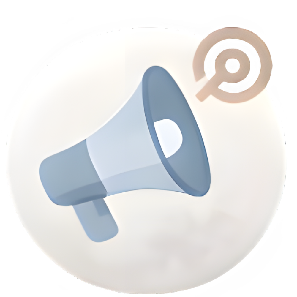Illustration of a gray megaphone with a pink spiral speech bubble above it on a white circular background.