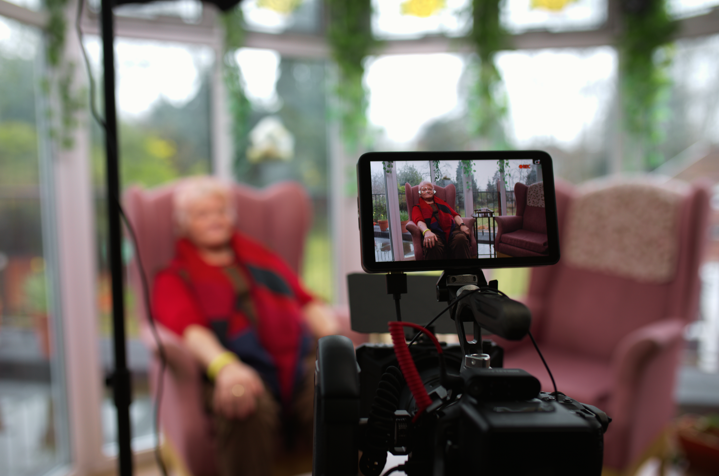 A person sitting on a pink chair indoors, being recorded with a camera and monitor, with blurred background of windows and green plants.