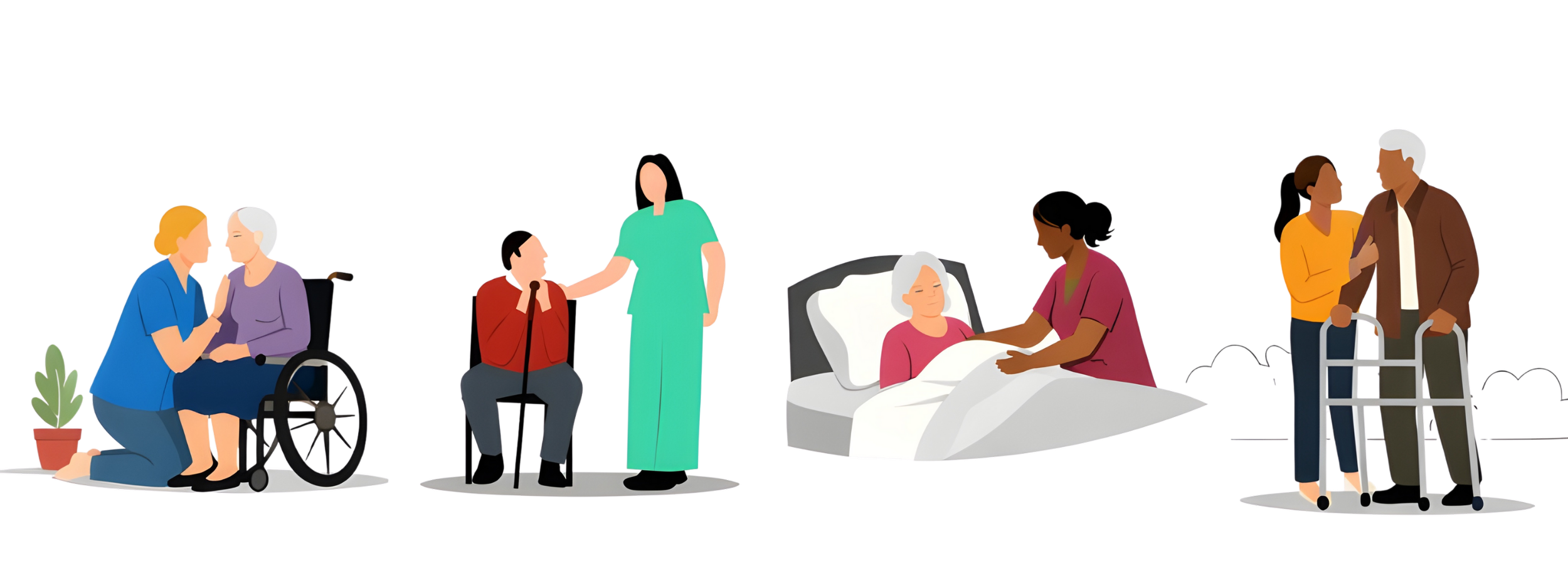 Illustration of diverse people caring for a loved one in a healthcare setting, including a nurse talking to a patient in a wheelchair, a person comforting a child, a nurse attending to an elderly woman in bed, and a family member with a walker talking with another person.