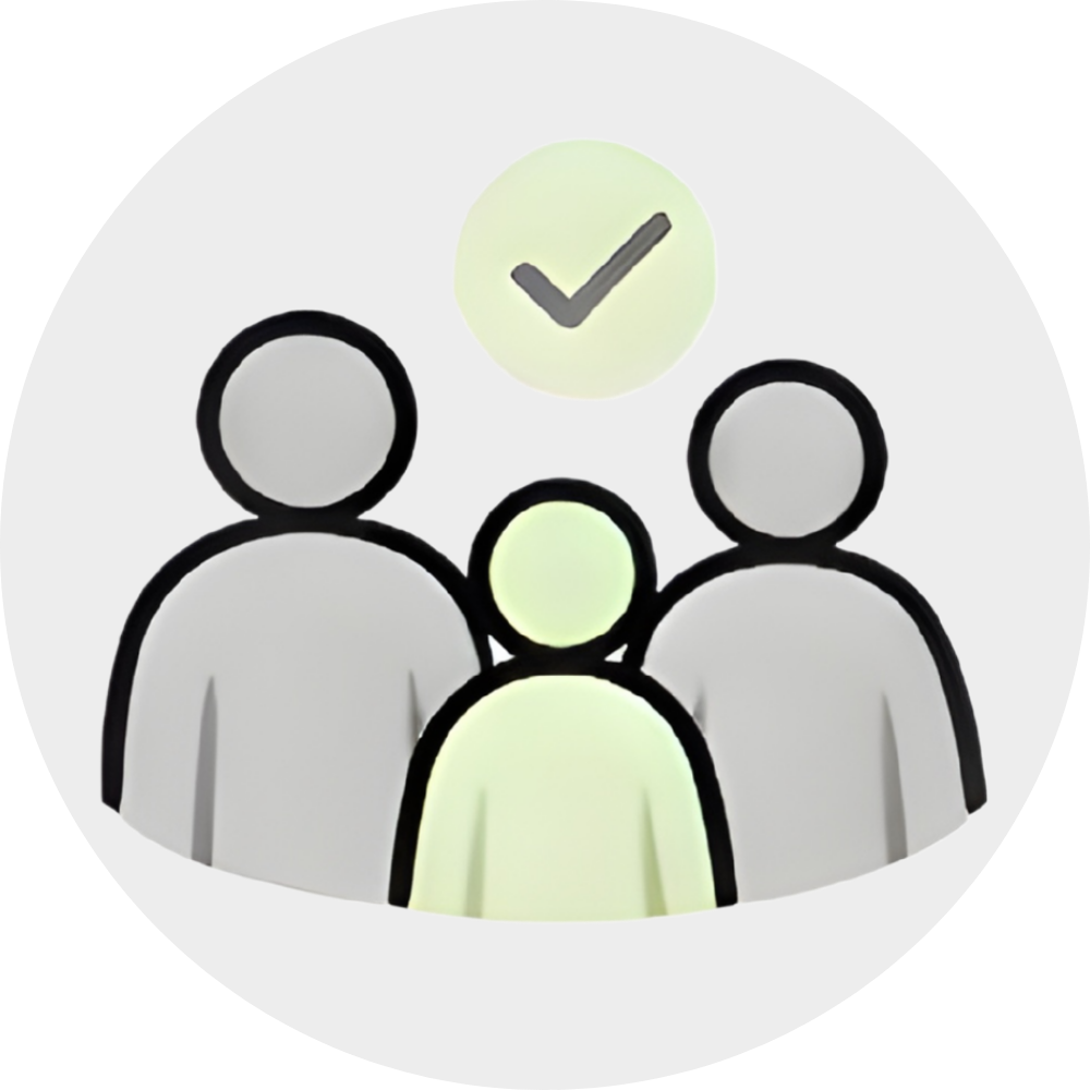 Outline of three people with a checkmark above them.