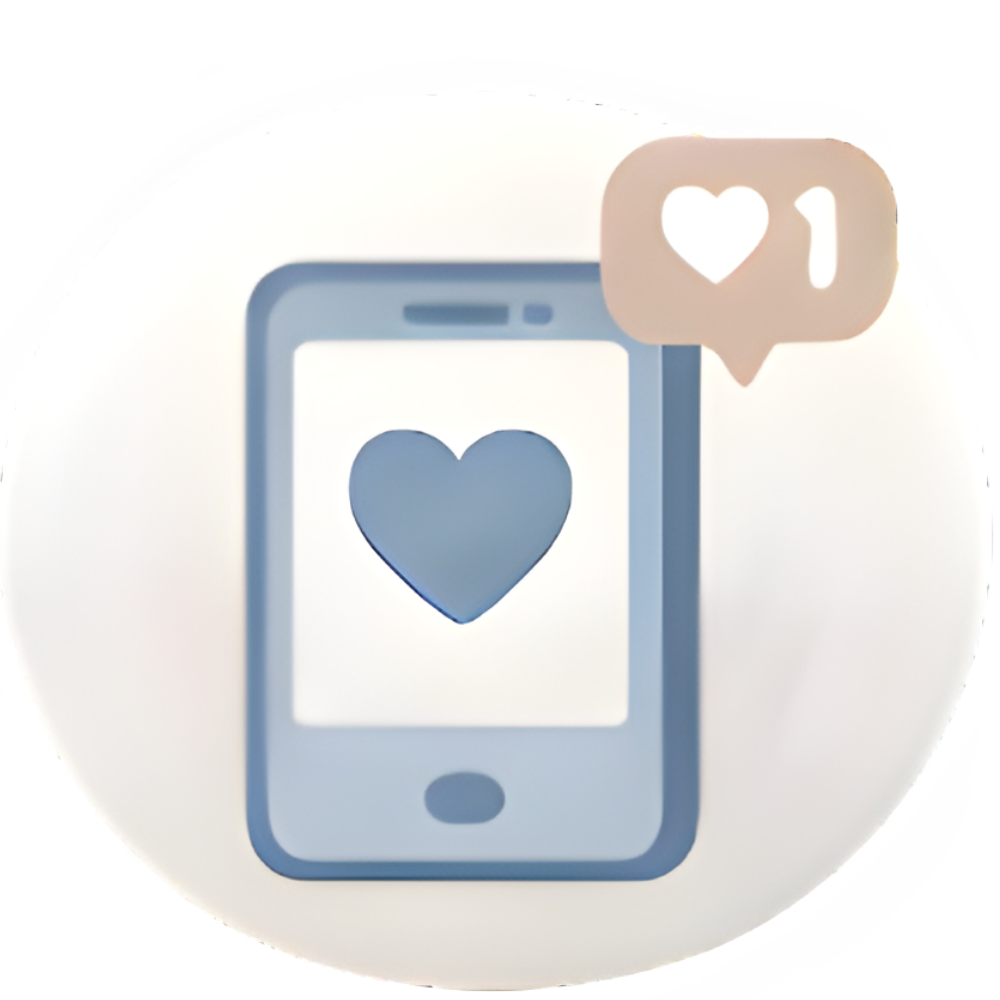 Smartphone displaying a heart icon on the screen with a notification bubble showing a heart and the number one, indicating a like or love reaction.