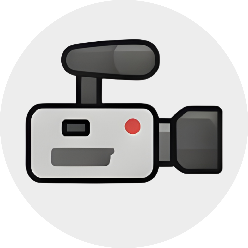 A cartoon-style video camera with a black outline, white body, a red dot indicating recording, and a gray handle and lens.
