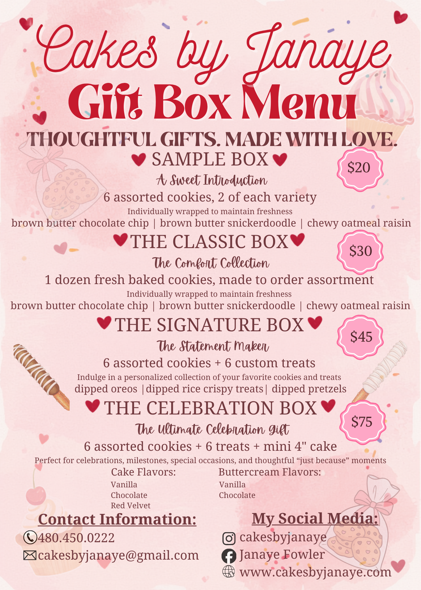 A pink background featuring various cupcake and cookie illustrations, with the text outlining cake gift box options and pricing from a bakery.