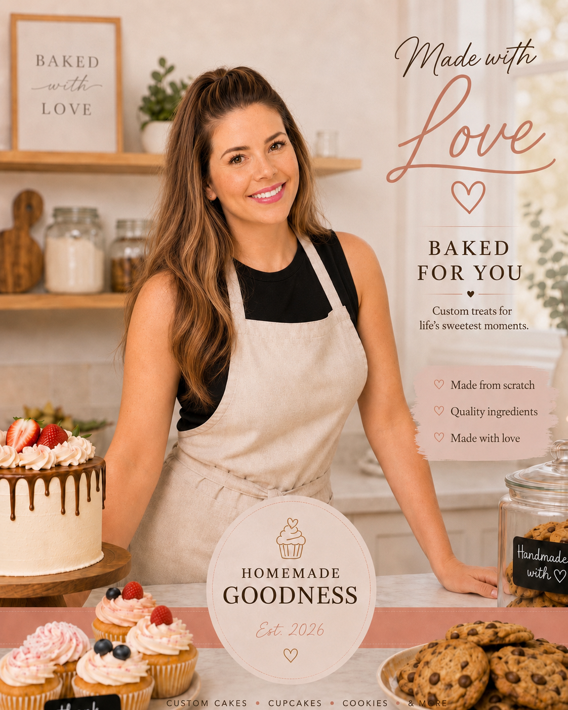 A smiling woman wearing a beige apron standing behind a table with baked goods, including a cake with strawberries and chocolate drizzle, and cupcakes with berries. There are aprons, jars, and signs with bakery branding and descriptions in the background.