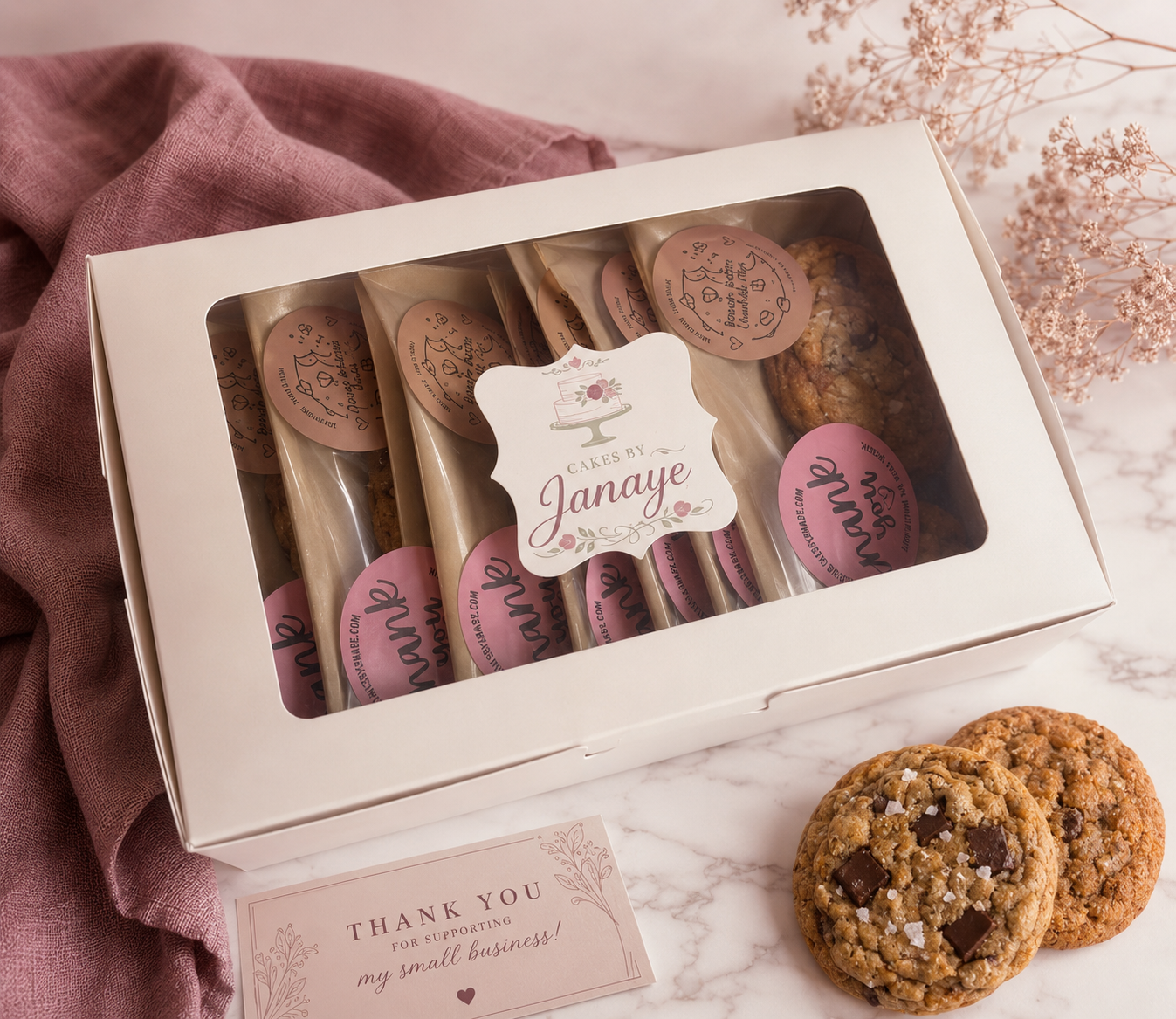 A white box of cookies labeled 'Cakes by Janaye' with a clear window showing individually wrapped cookies inside. Two cookies with chocolate chunks are placed outside the box on a marble surface. A pink thank you note is partially visible at the bottom left. Pink fabric and dried flowers are in the background.