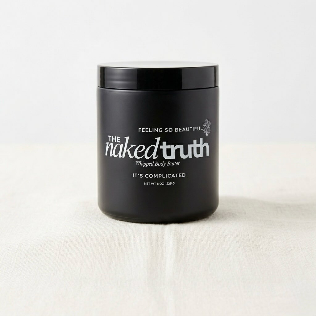 The Naked Truth &mdash; It&rsquo;s Complicated (Bergamot and Sandalwood)🖤

A rich, whipped body butter that melts into the skin, leaving it soft, smooth, and deeply nourished without any heaviness.

Bergamot brings a bright first impression, sandalw